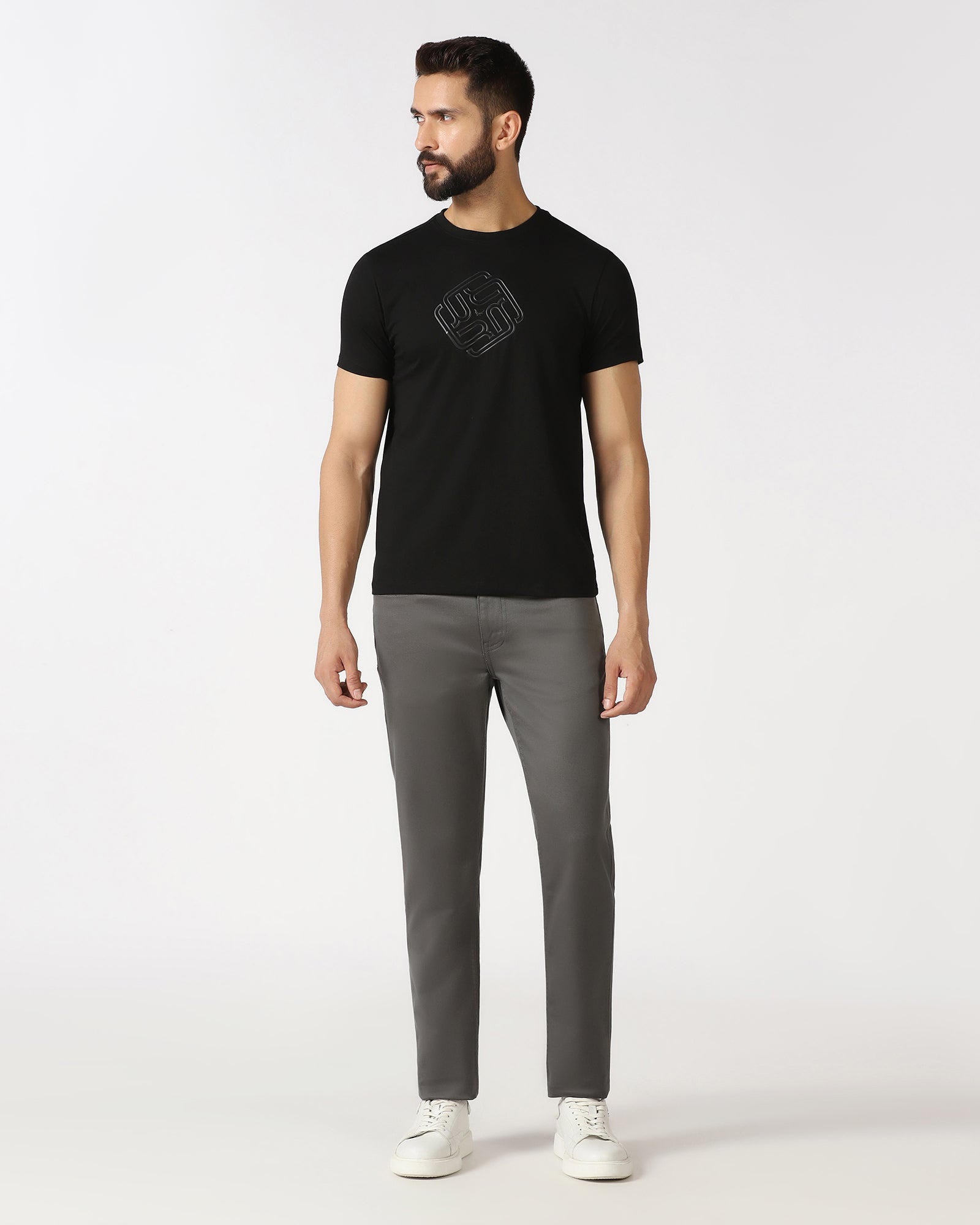 Black Crew Neck Textured T-Shirt - Crown