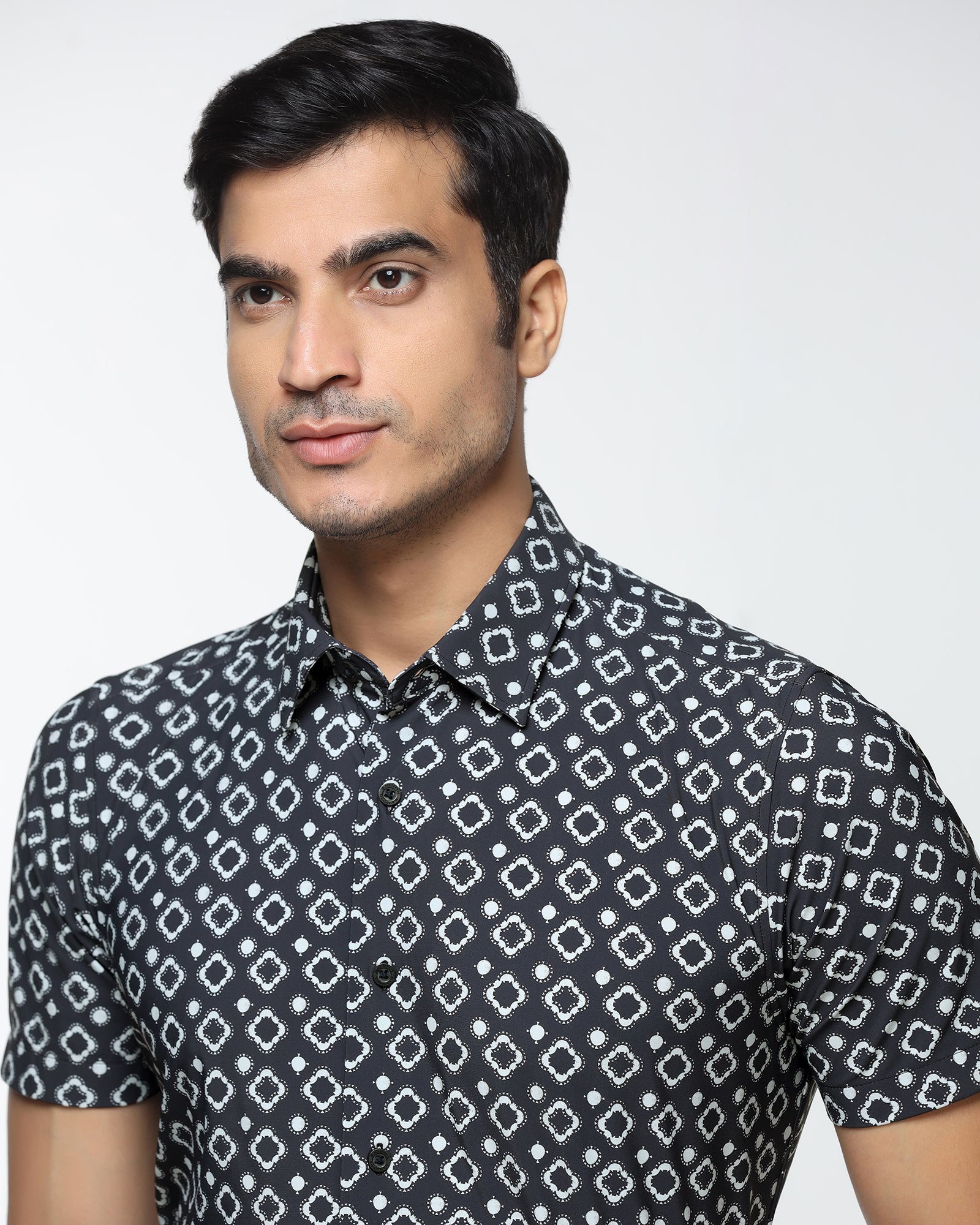 Black Half Sleeve TechPro Printed Shirt - Ronnel