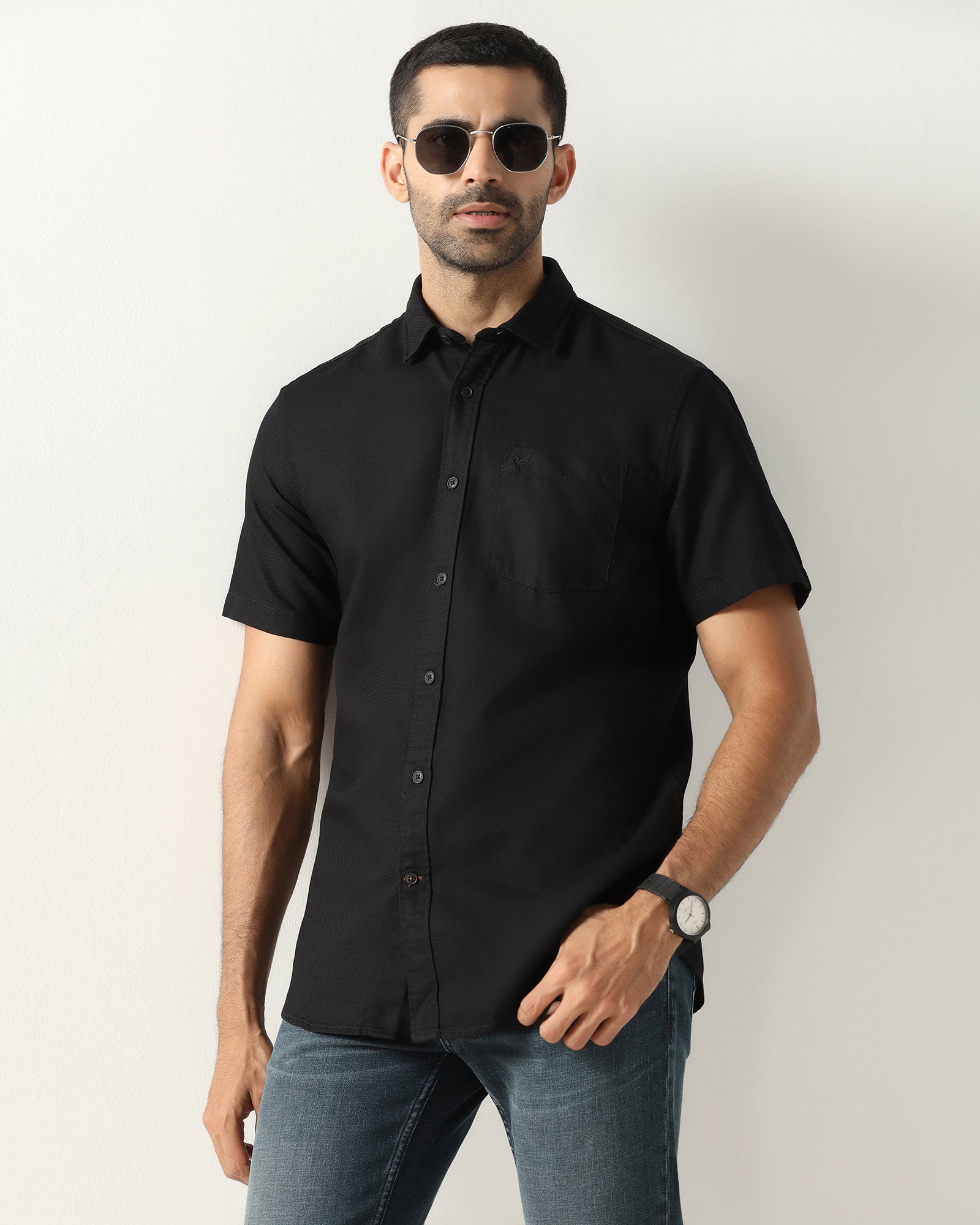 Black Half Sleeve Textured Shirt - Caty