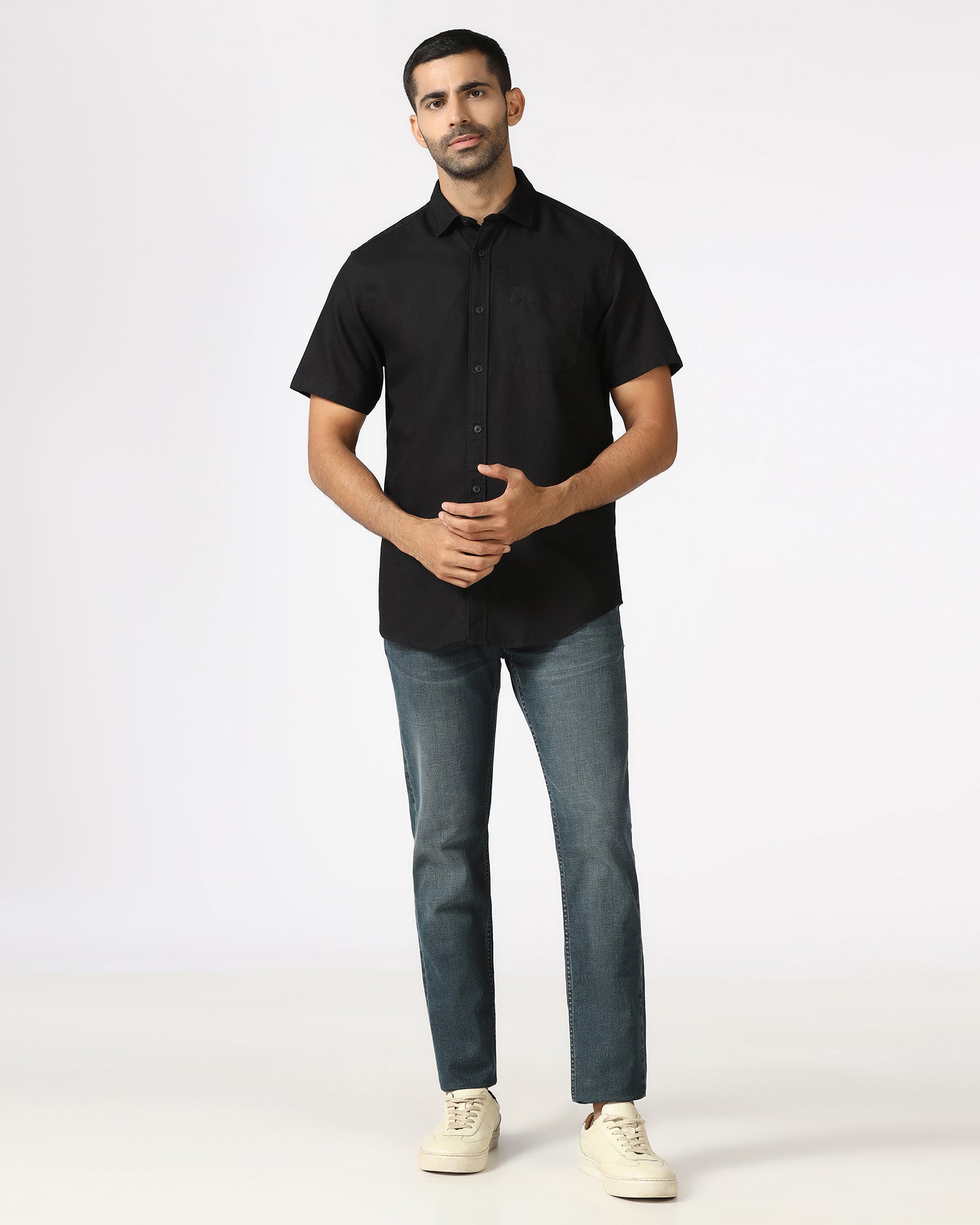 Black Half Sleeve Textured Shirt - Caty