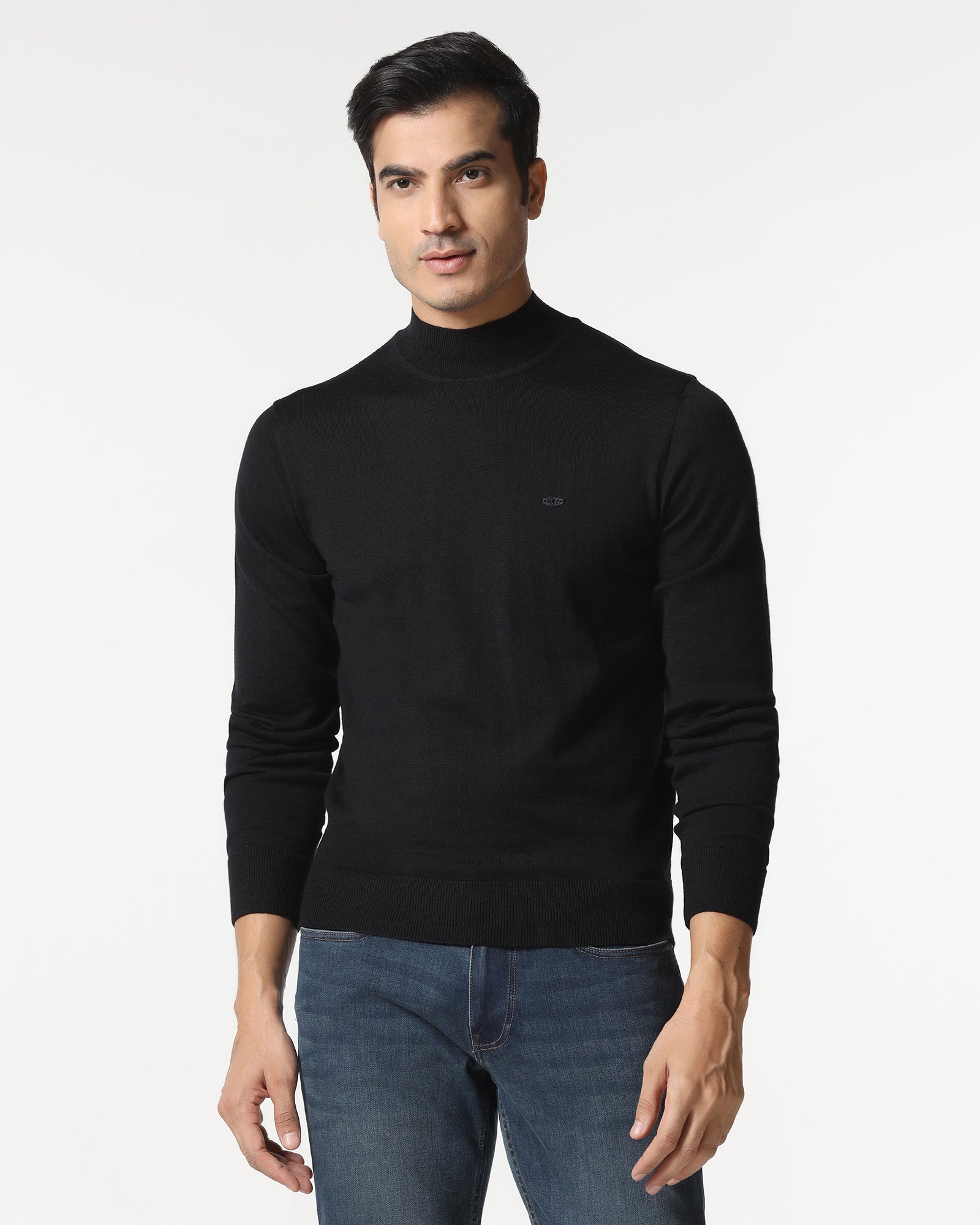 Black High Neck Solid Sweater - Jester