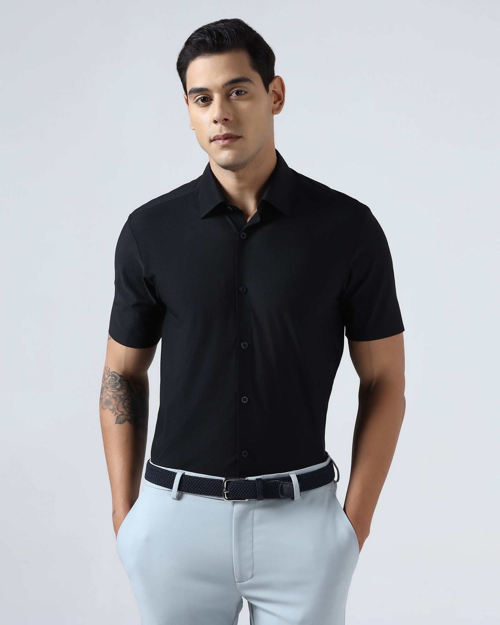 Black Half Sleeve TechPro Solid Shirt - Kanon