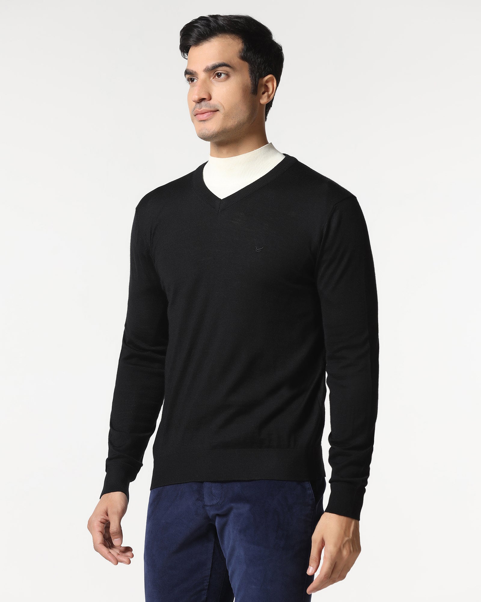 Black V-Neck Solid Sweater - Kenny