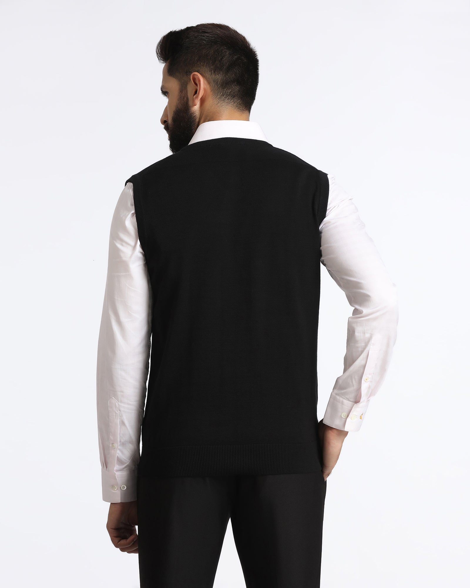 Black V-Neck Solid Sweatshirt - Less