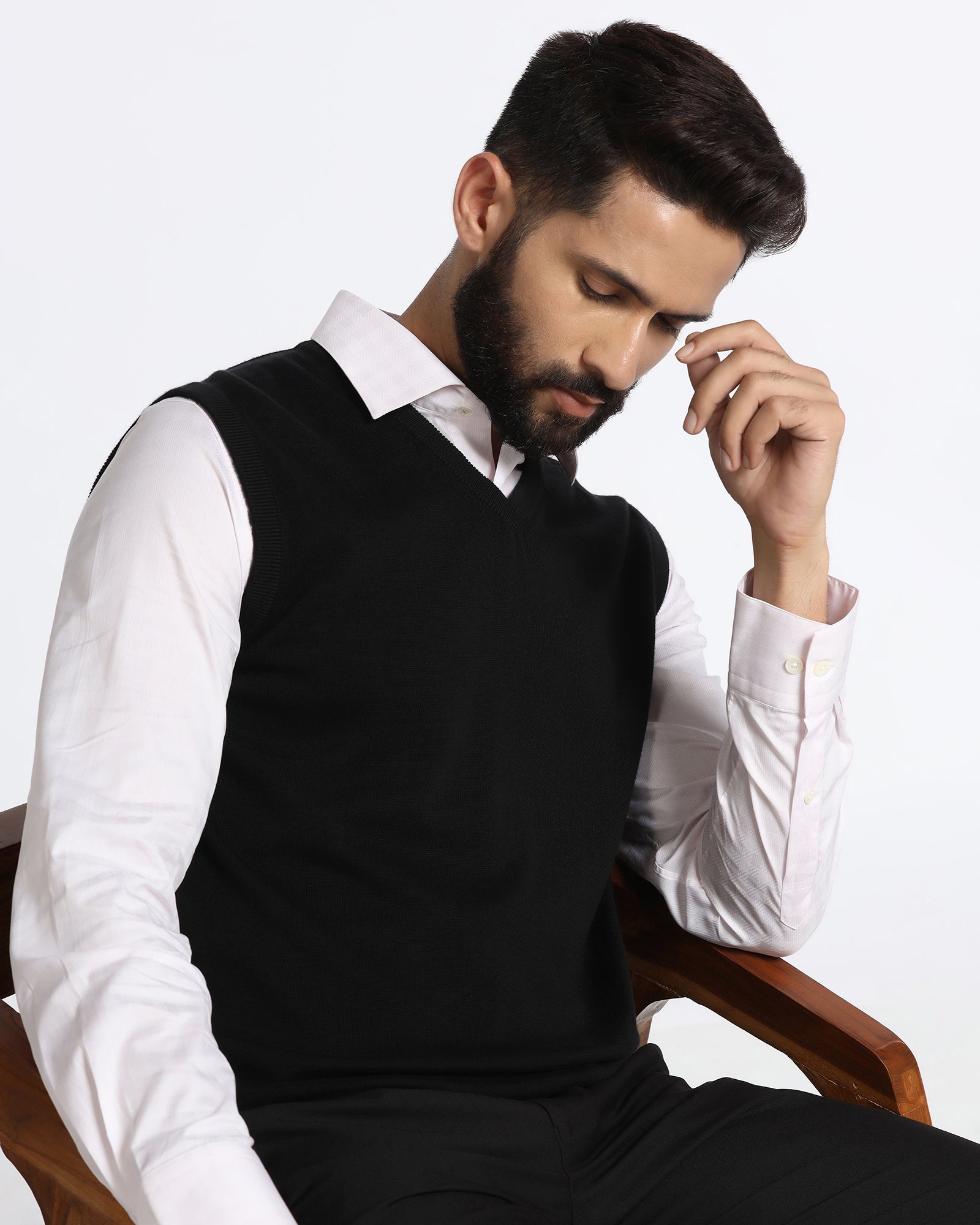 Black V-Neck Solid Sweatshirt - Less