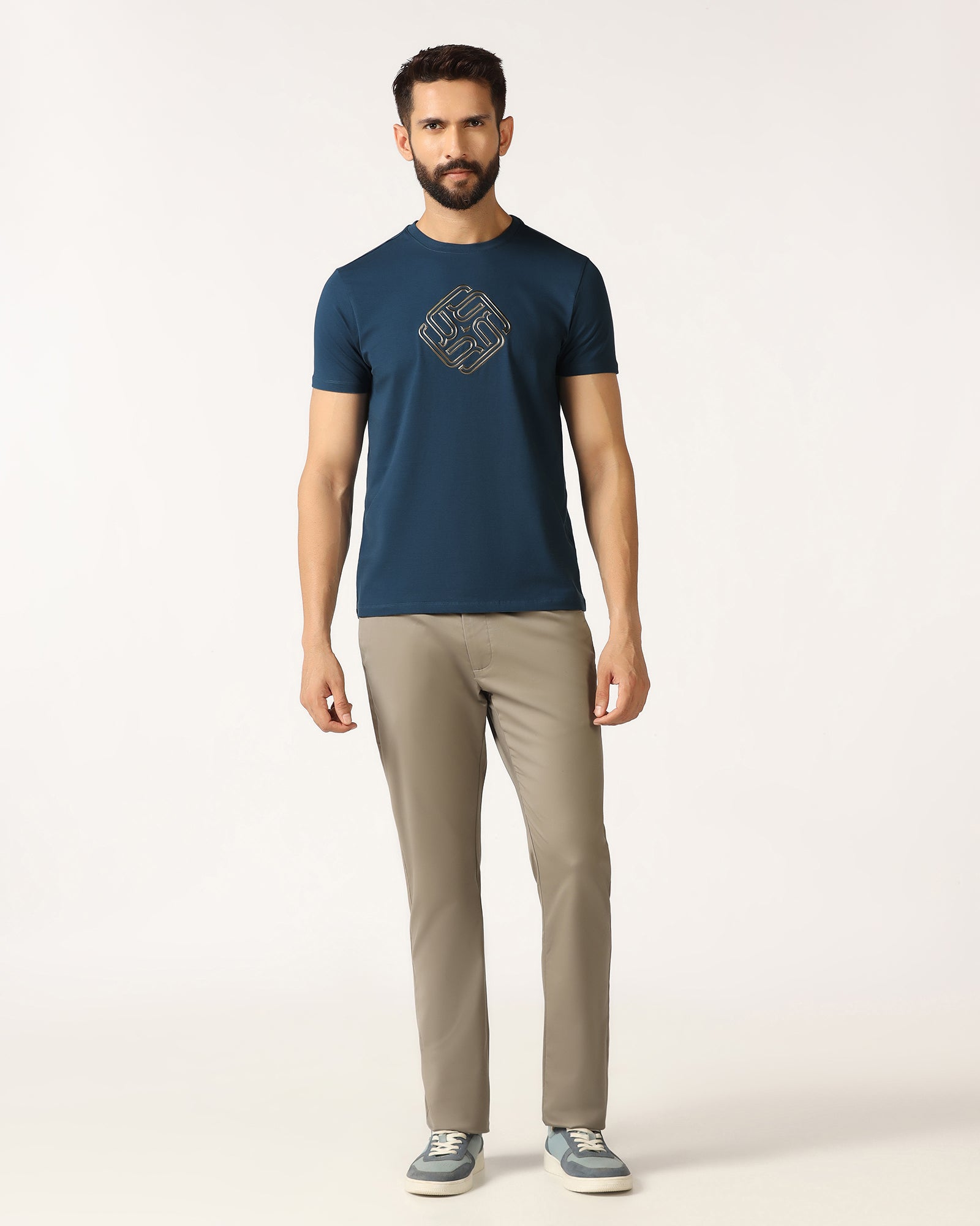 Blue Crew Neck Textured T-Shirt - Crown