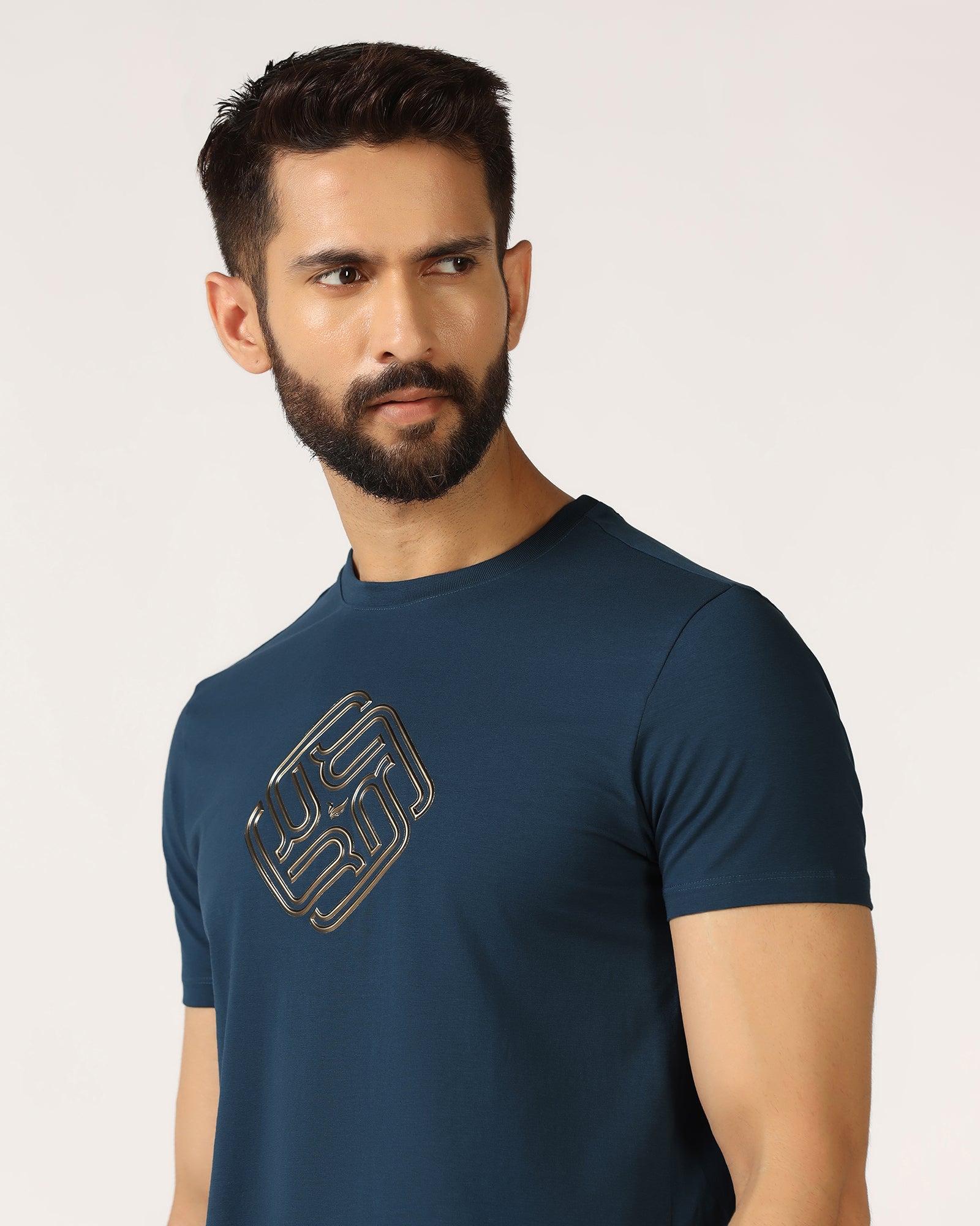 Blue Crew Neck Textured T-Shirt - Crown
