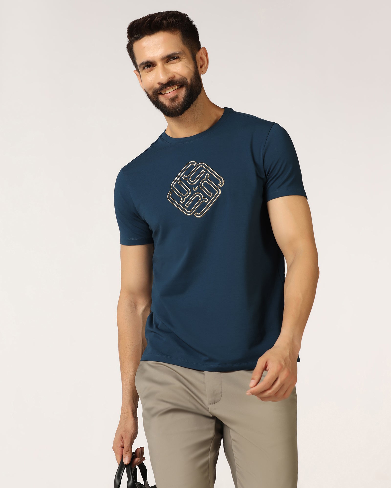 Blue Crew Neck Textured T-Shirt - Crown
