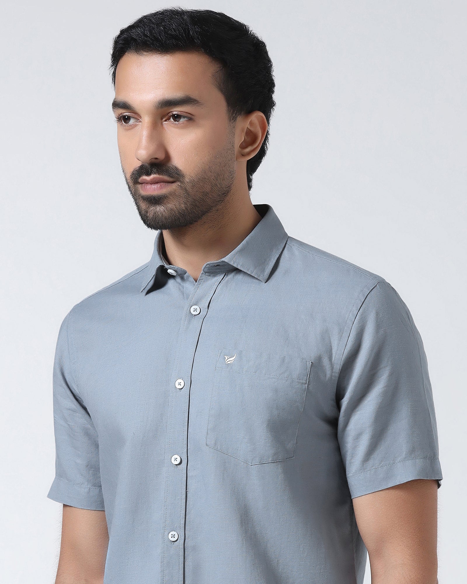 Blue Grey Half Sleeve Linen Solid Shirt - Cleo