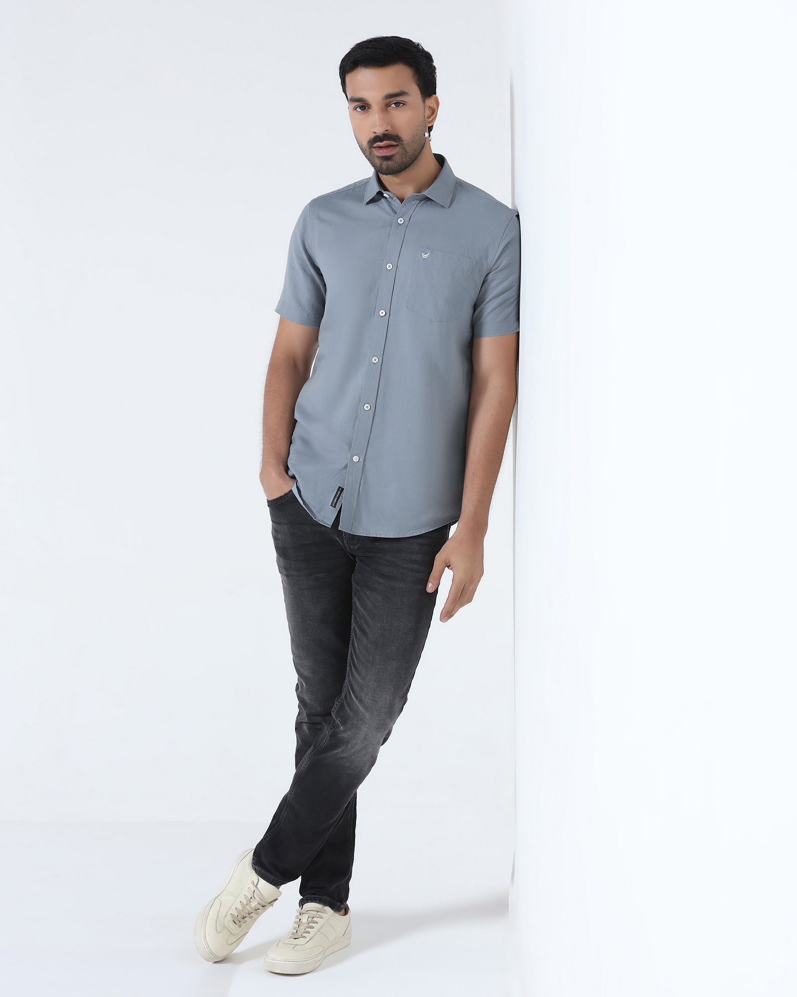 Blue Grey Half Sleeve Linen Solid Shirt - Cleo