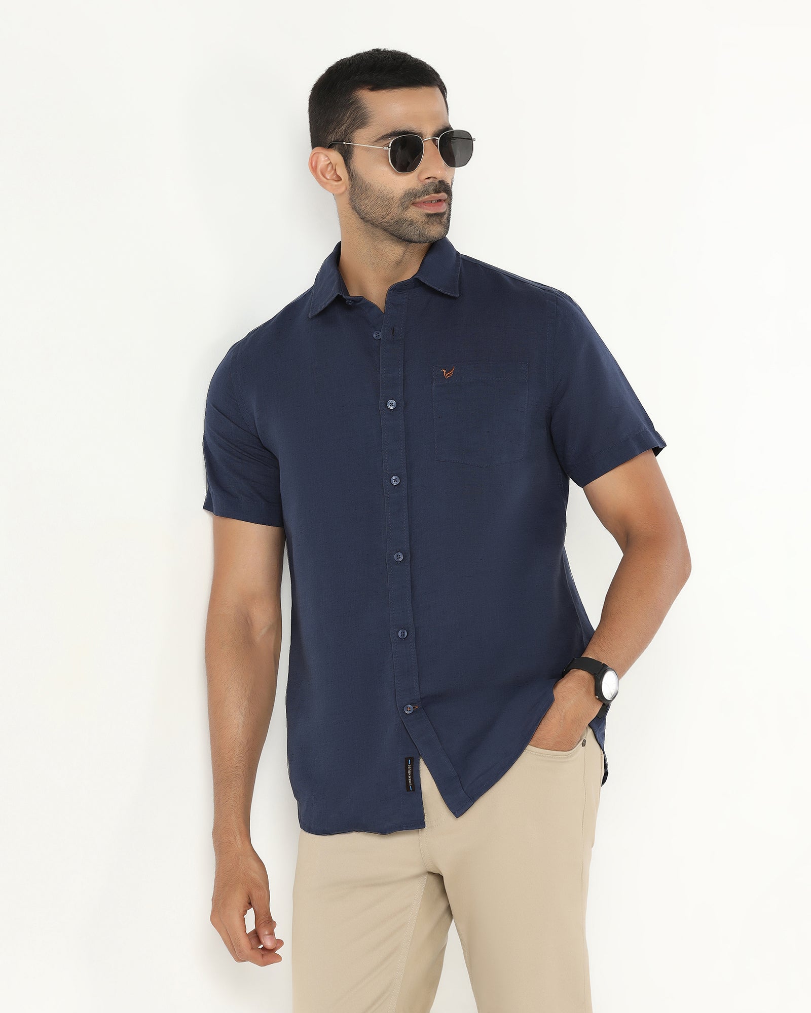 Blue Half Sleeve Linen Solid Shirt - Salmon
