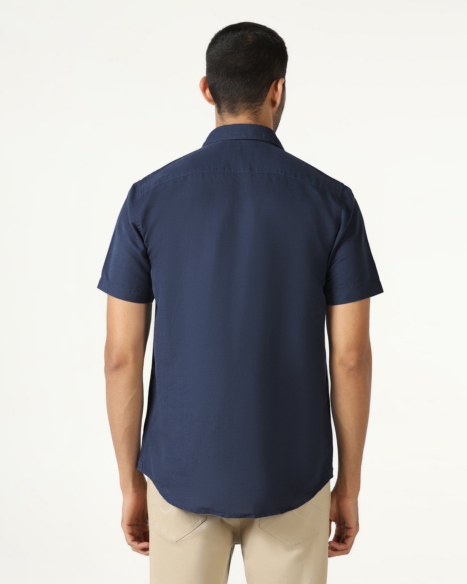 Blue Half Sleeve Linen Solid Shirt - Salmon