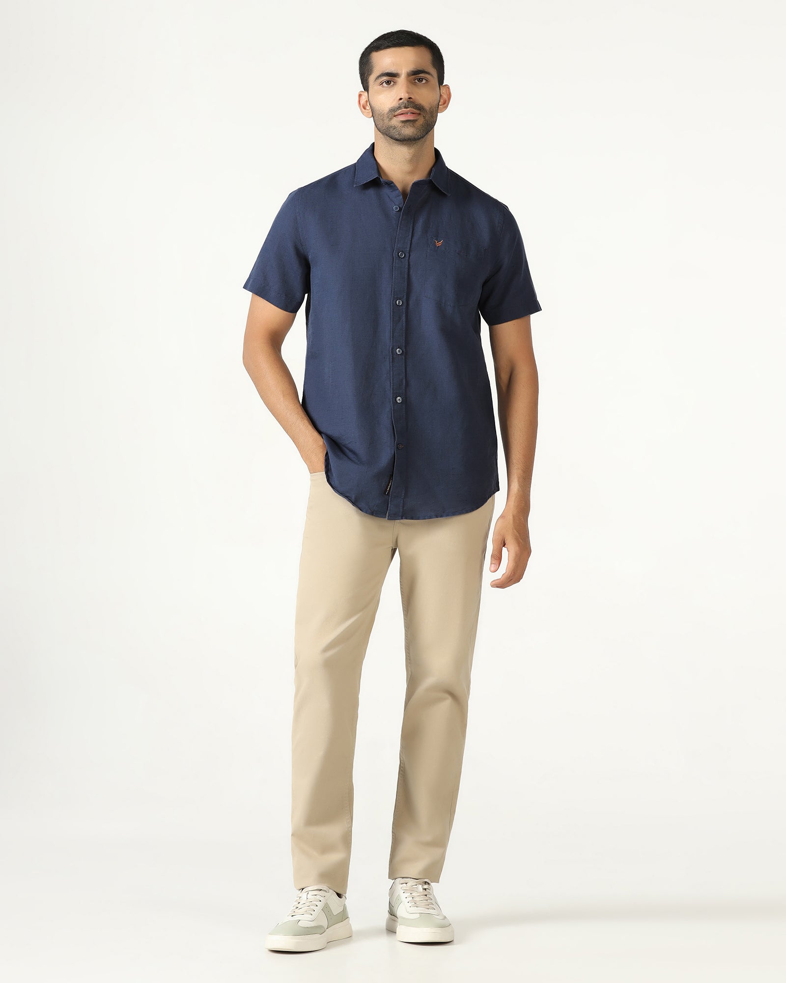 Blue Half Sleeve Linen Solid Shirt - Salmon