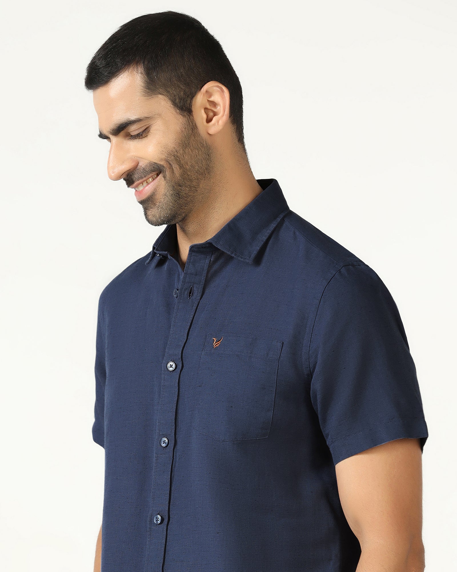 Blue Half Sleeve Linen Solid Shirt - Salmon