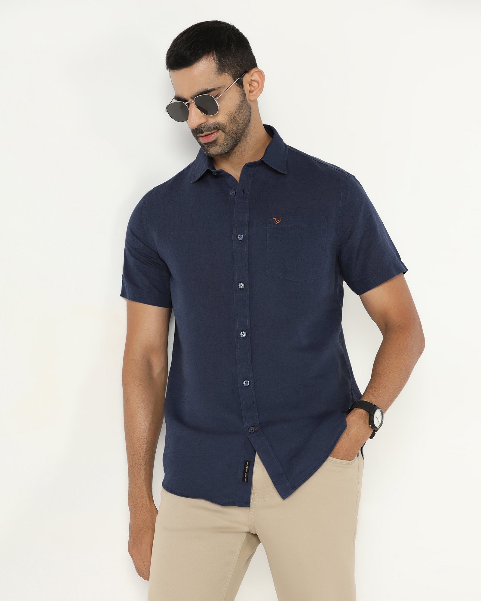 Blue Half Sleeve Linen Solid Shirt - Salmon