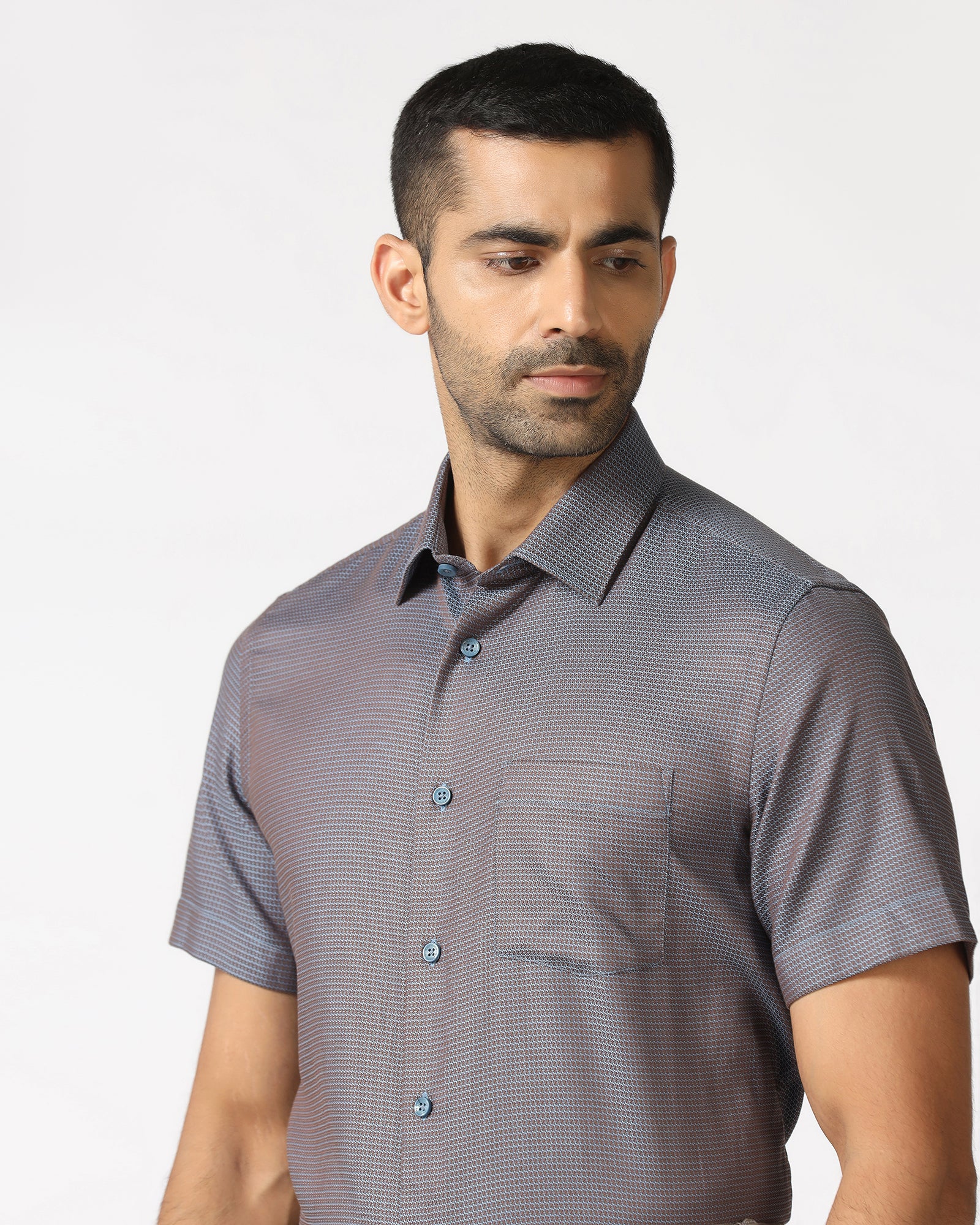 Blue Half Sleeve Textured Shirt - Recite