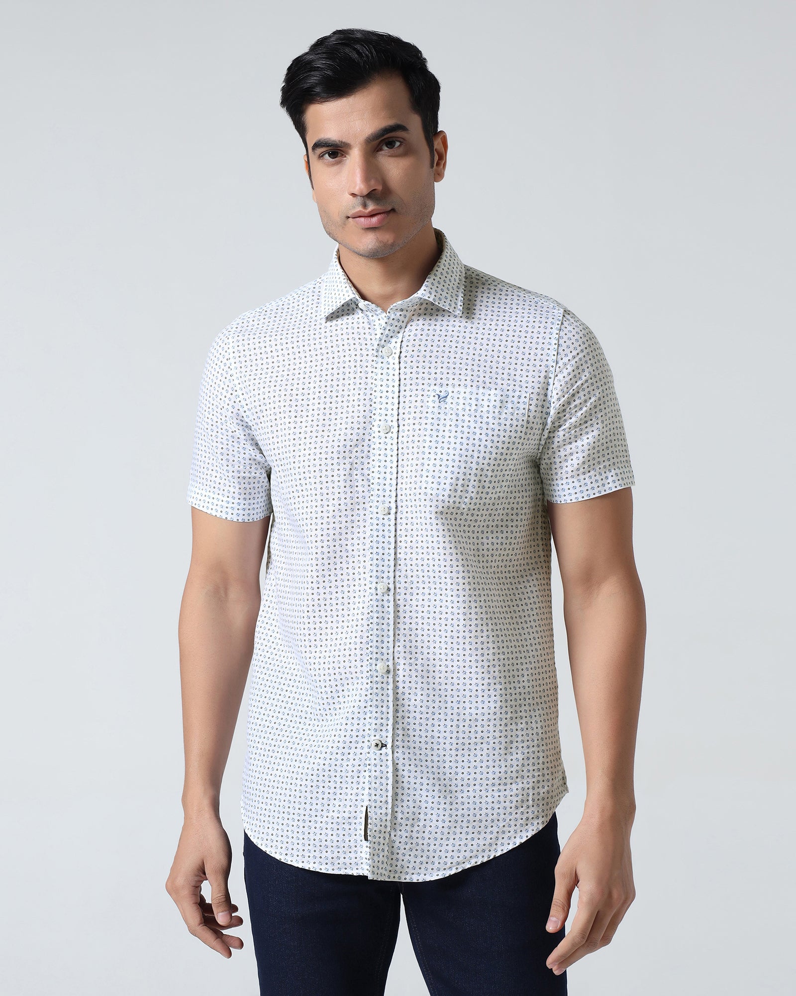 Blue Half Sleeve Linen Printed Shirt - Rogel