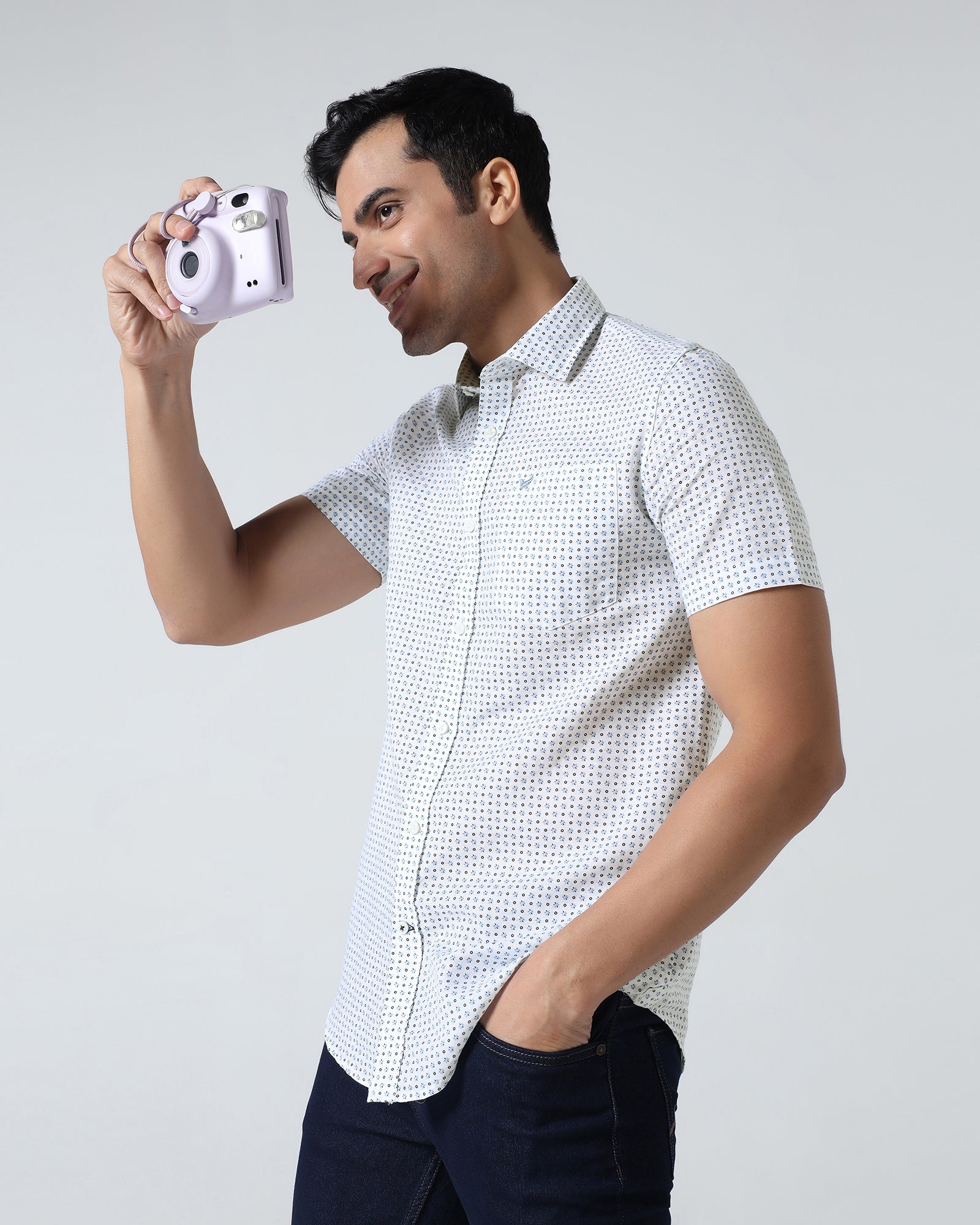 Blue Half Sleeve Linen Printed Shirt - Rogel