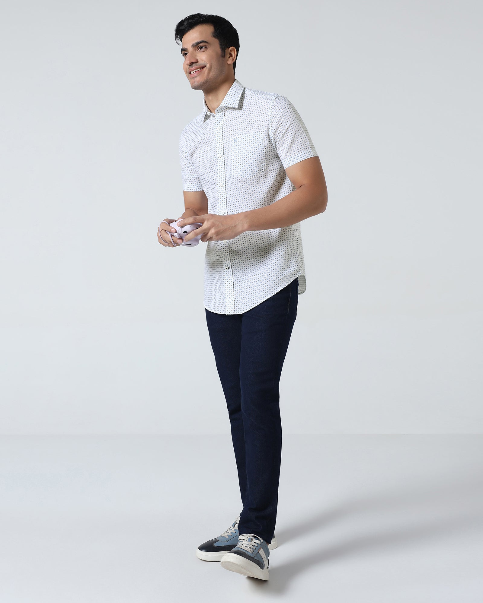 Blue Half Sleeve Linen Printed Shirt - Rogel