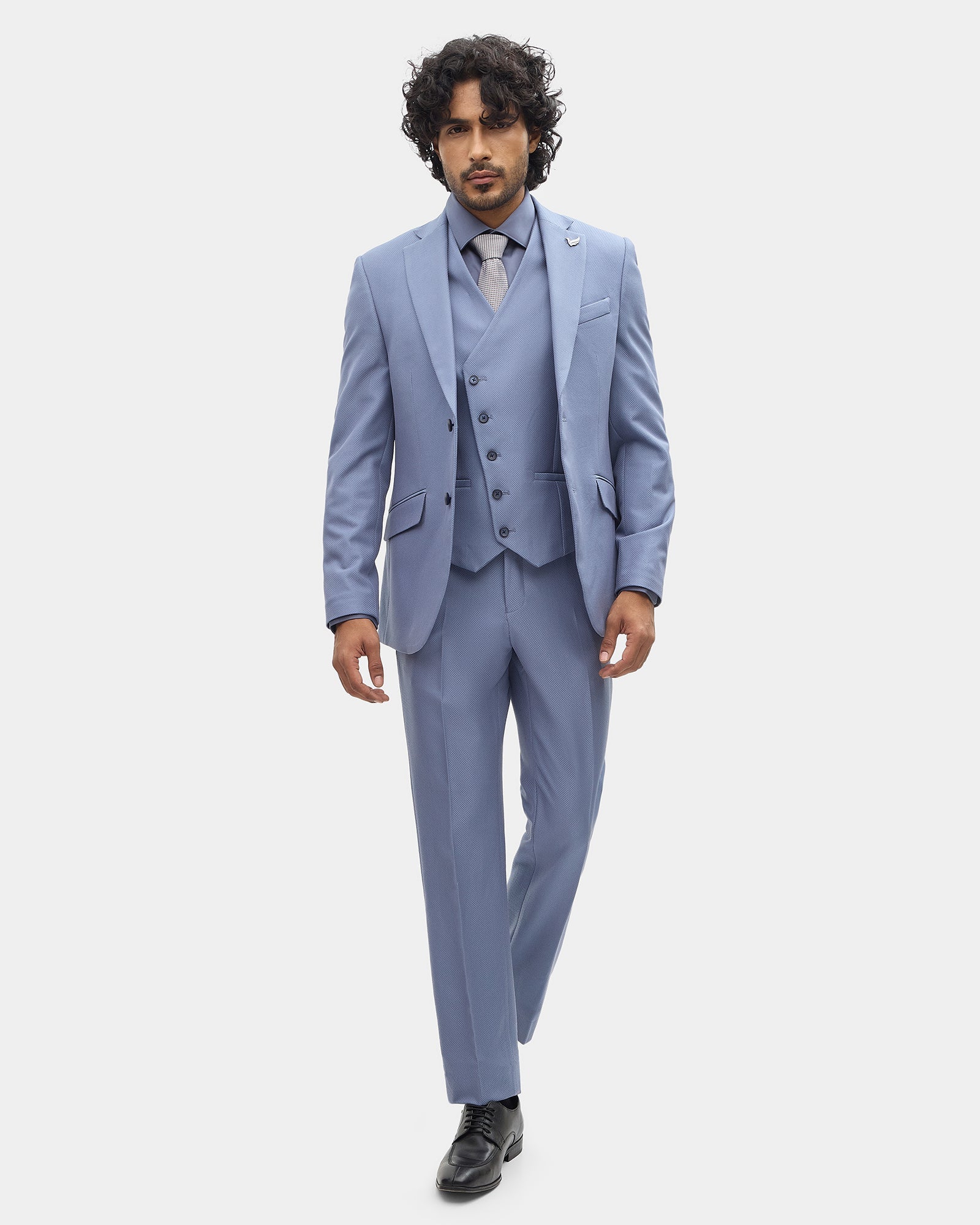 Blue Three Piece Textured Suit - Tristan