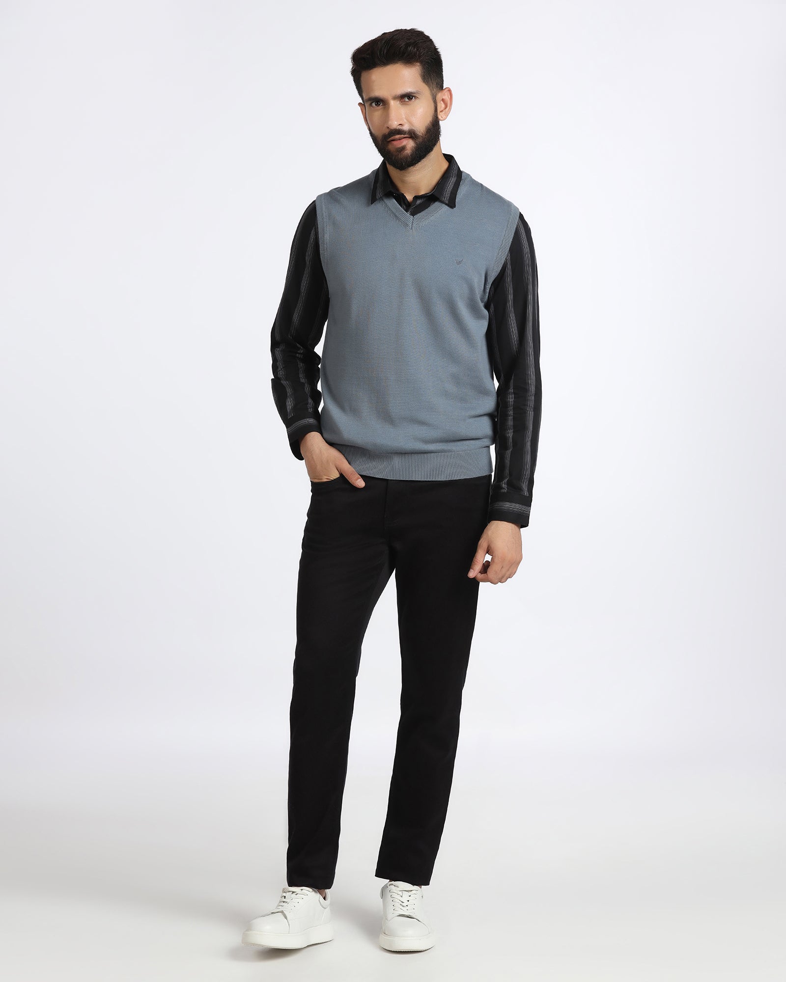 Blue V-Neck Solid Sweatshirt - Less