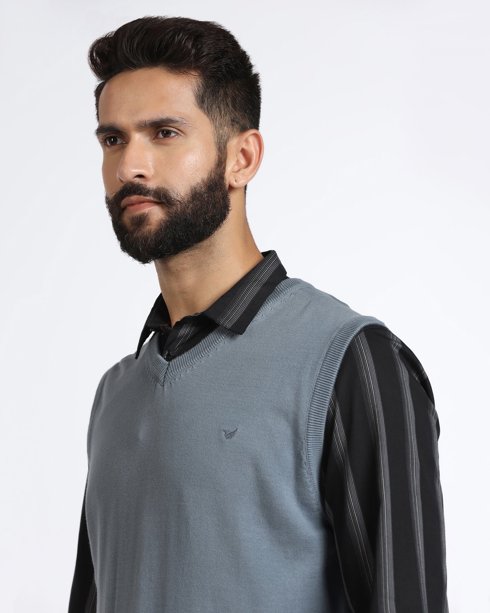 Blue V-Neck Solid Sweatshirt - Less