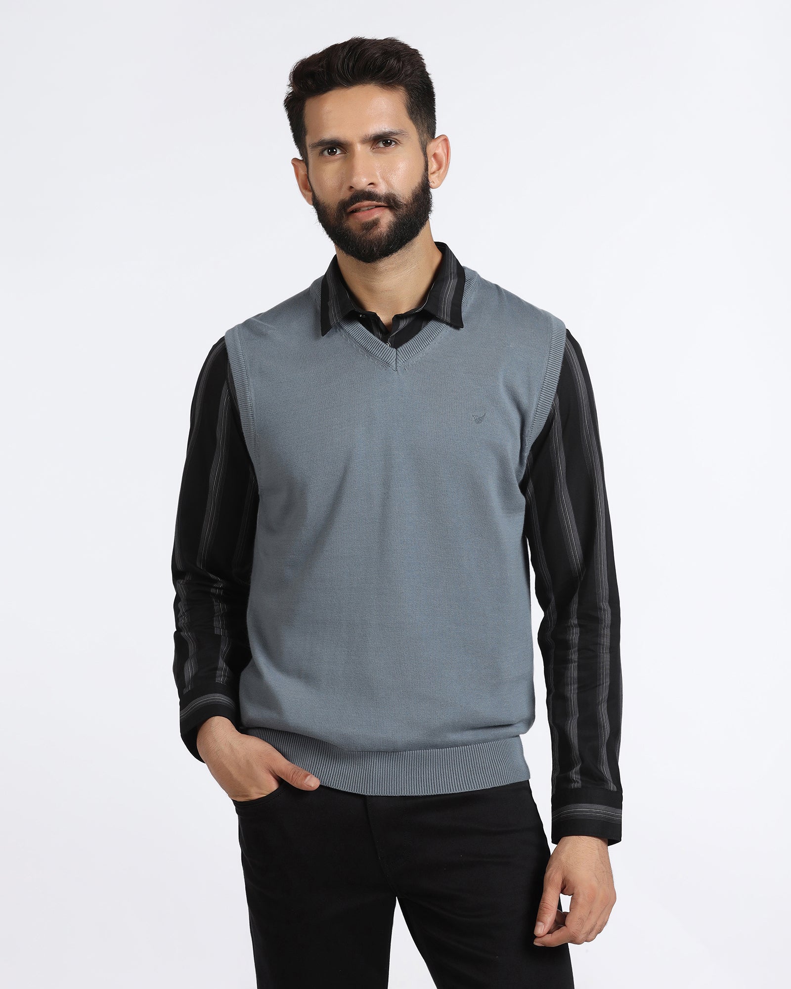 Blue V-Neck Solid Sweatshirt - Less