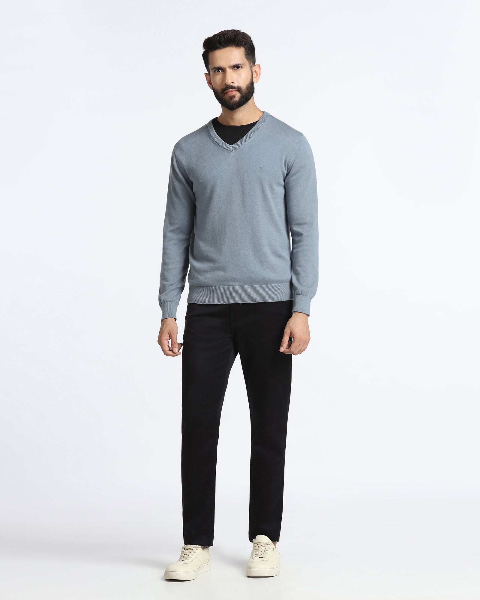 Blue V-Neck Solid Sweatshirt - Vneckter
