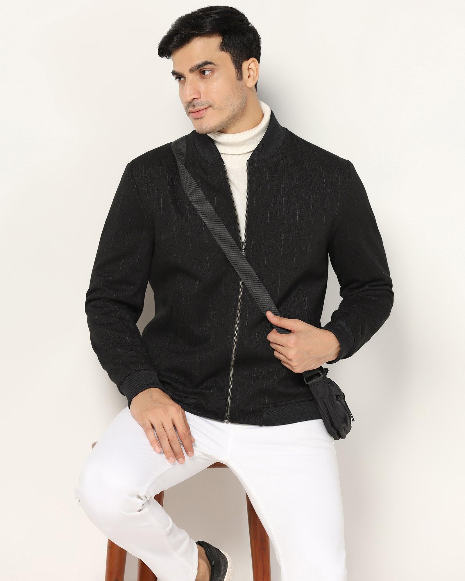 Bomber Black Textured Zipper Jackets - Accord Bomber Black Textured Zipper Jackets - Accord