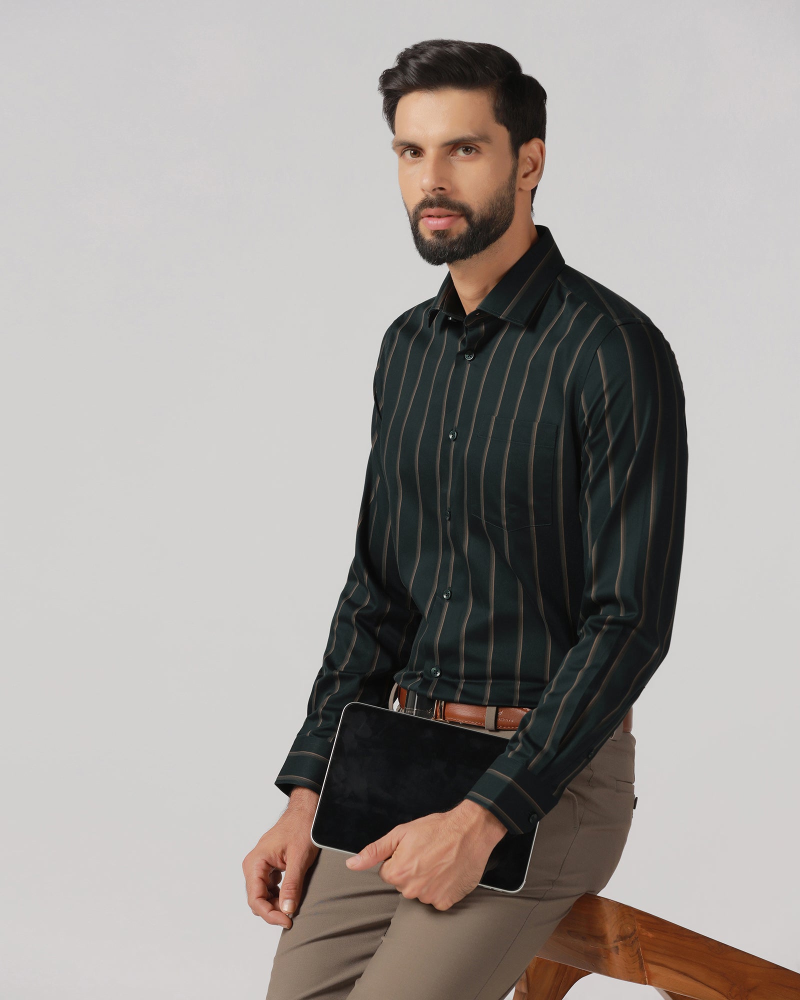 Bottle Green Stripe Shirt - Simon