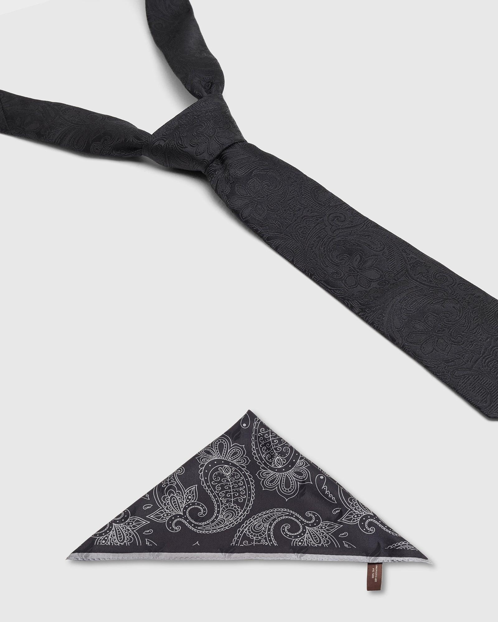 Boxed Combo Printed Tie And Pocket Square In Black - Tick