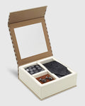 Boxed Combo Printed Tie With Pocket Square And Cufflink In Black - Takin