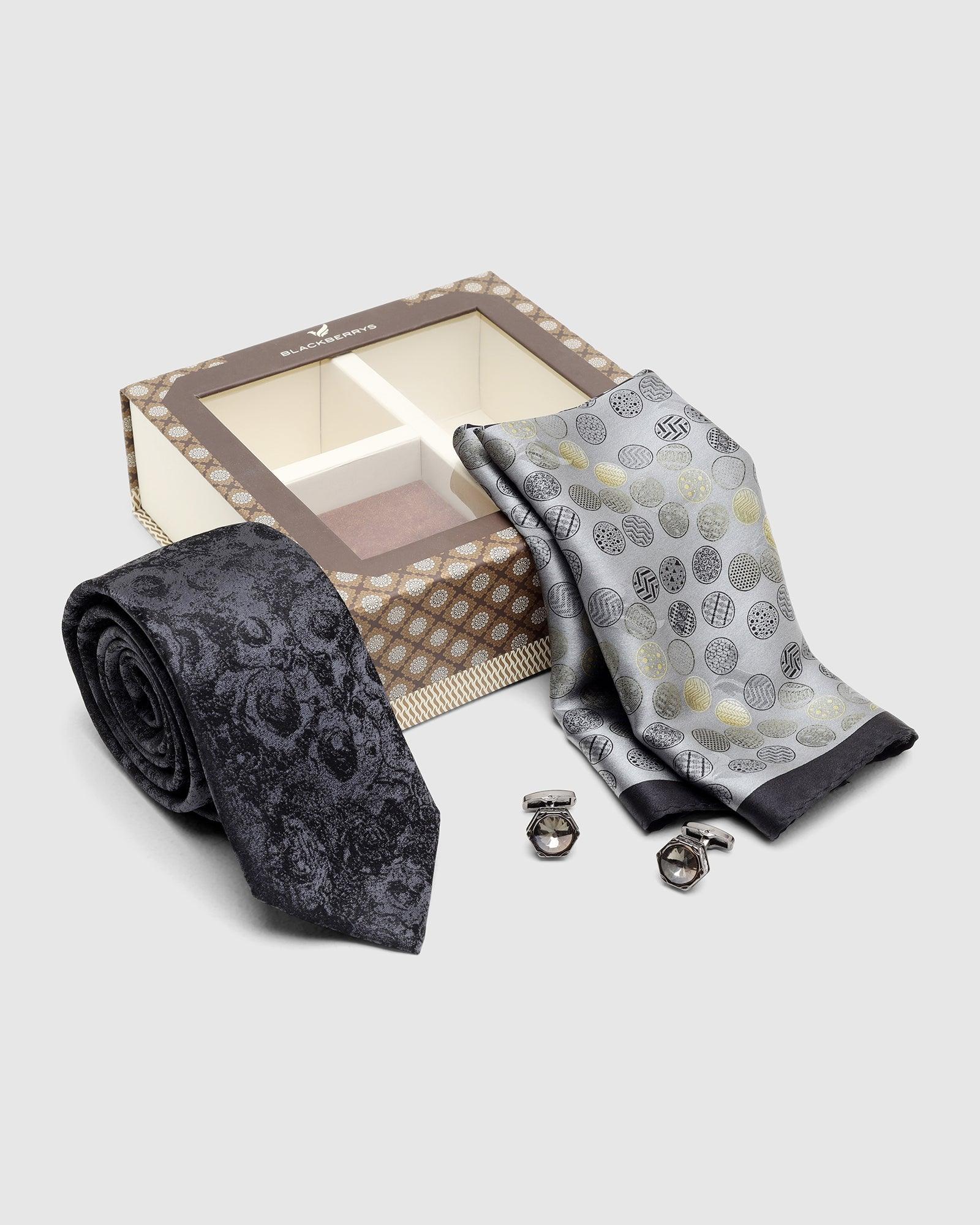 Boxed Combo Printed Tie With Pocket Square And Cufflink In Black - Takin