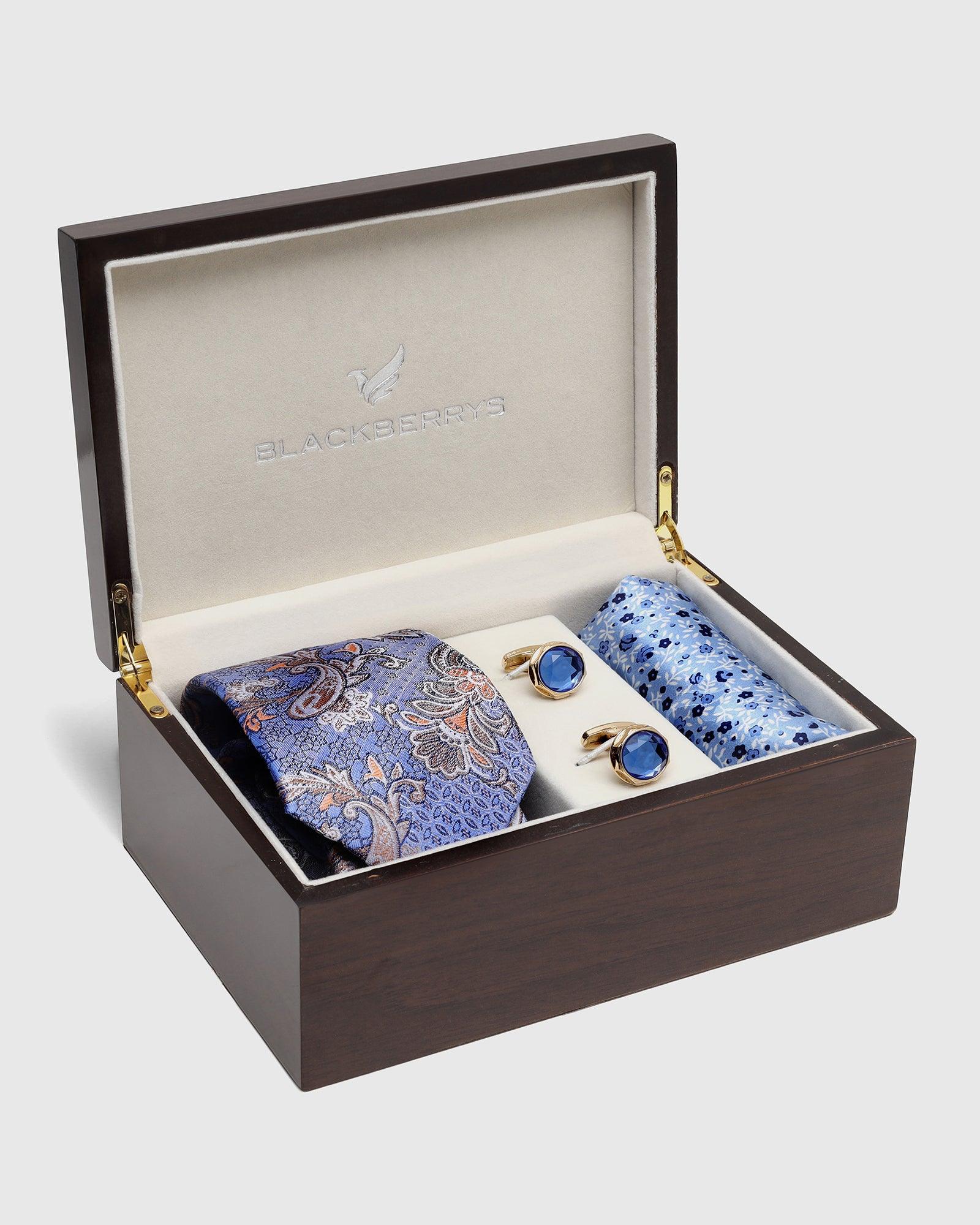 Boxed Combo Printed Tie With Pocket Square And Cufflink In Blue - Teddy