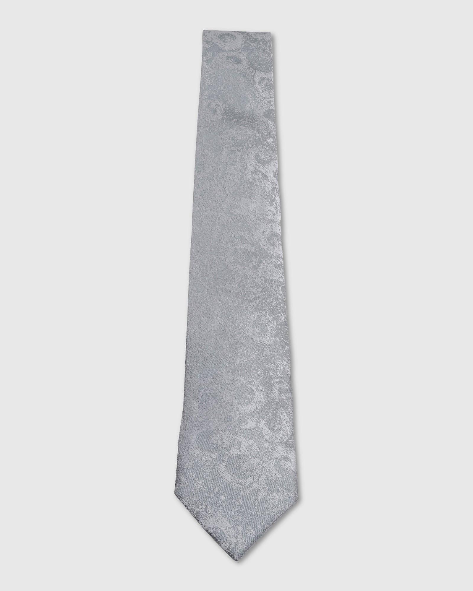 Boxed Combo Printed Tie With Pocket Square And Cufflink In Grey - Tapair