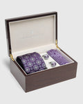 Boxed Combo Printed Tie With Pocket Square And Cufflink In Purple - Taran