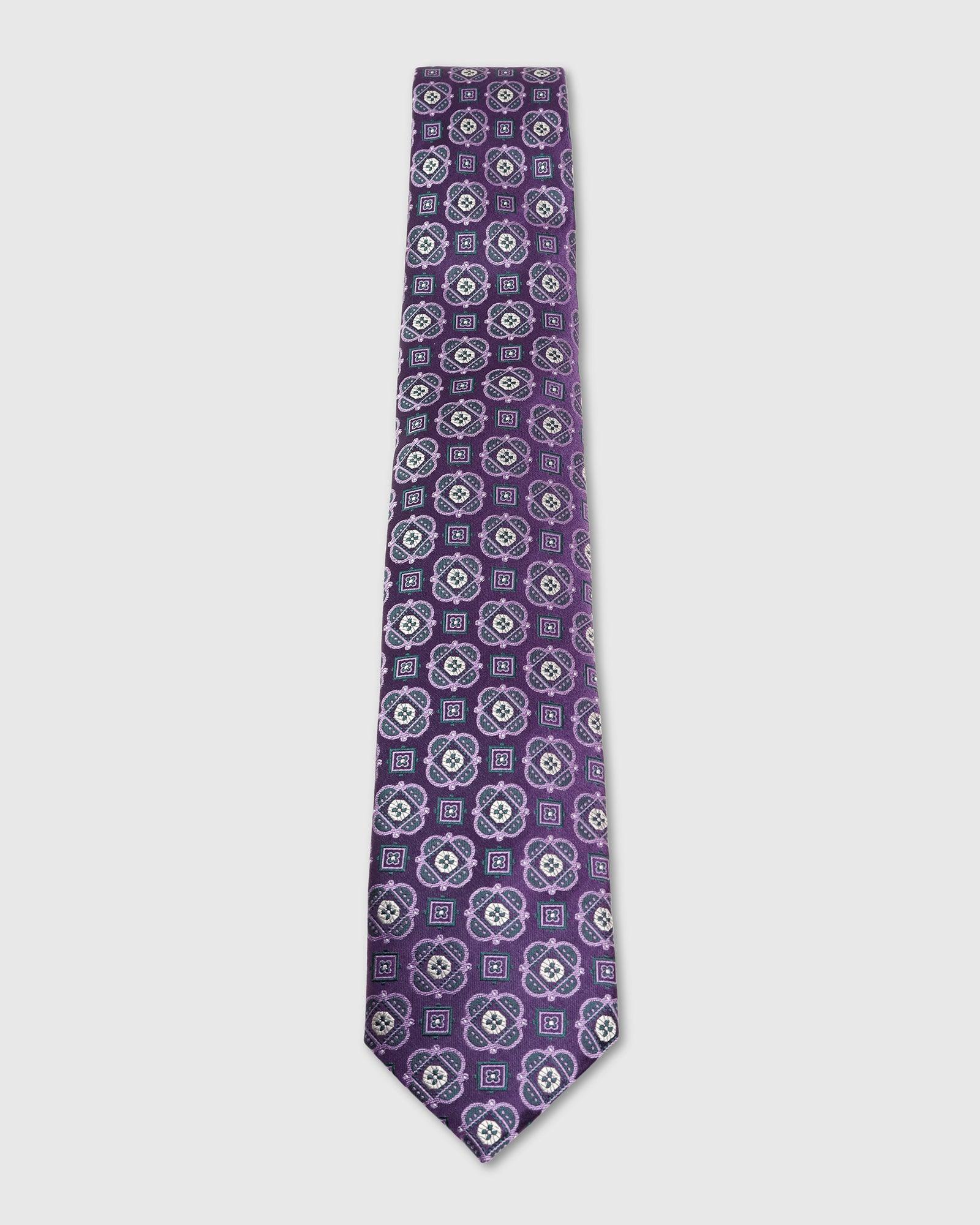 Boxed Combo Printed Tie With Pocket Square And Cufflink In Purple - Taran