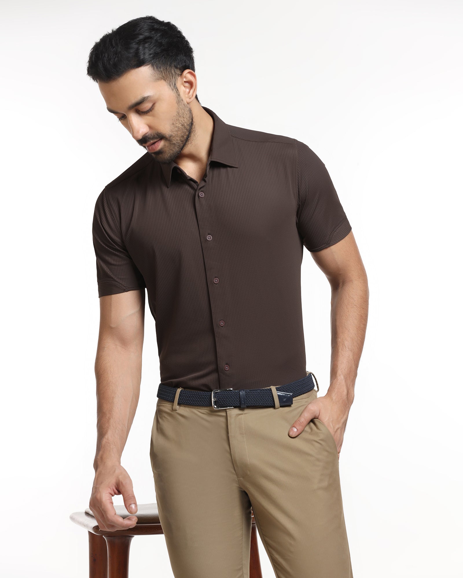 Brown Half Sleeve TechPro Stripe Shirt - Civil