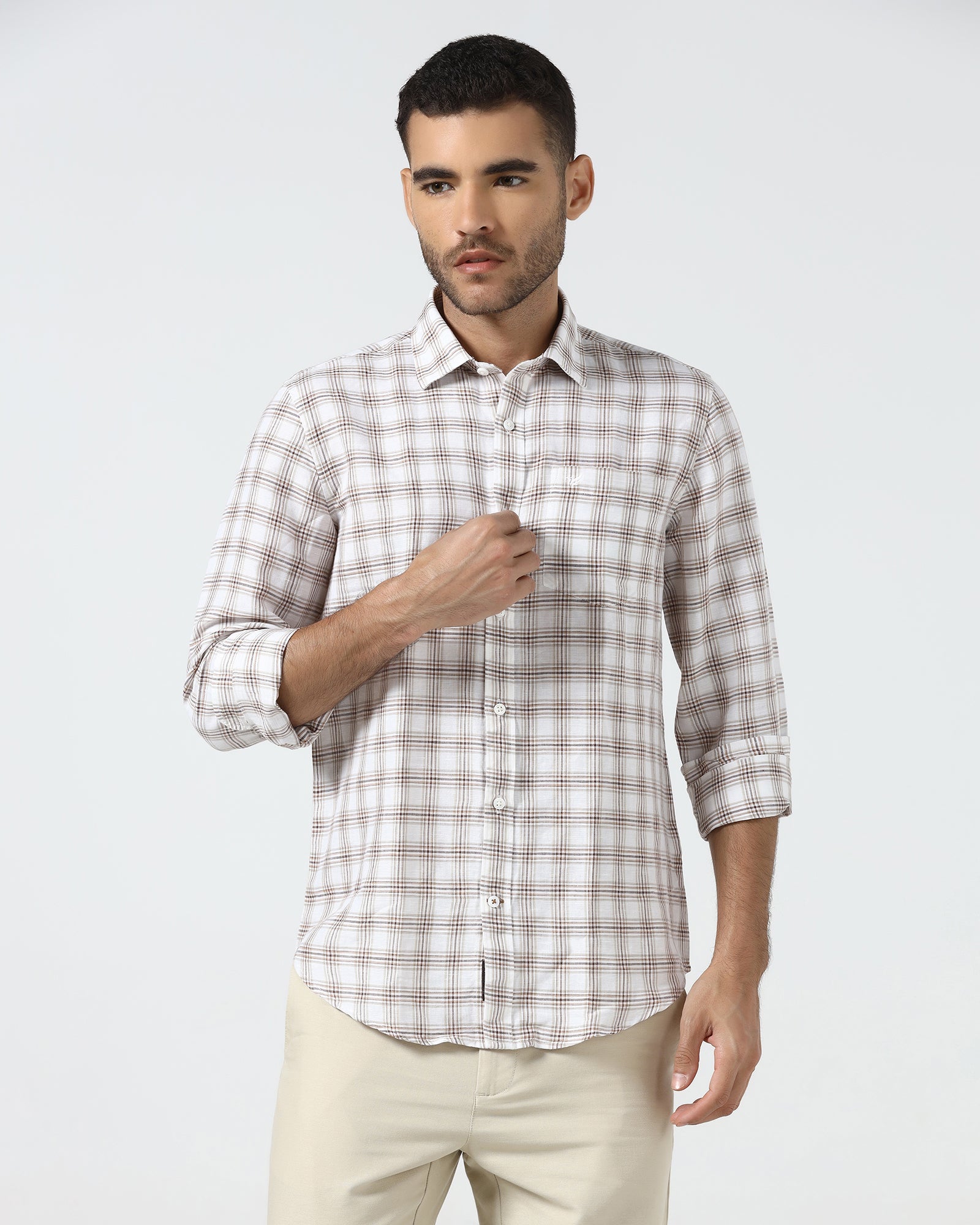 Brown Linen Check Shirt - Dravo