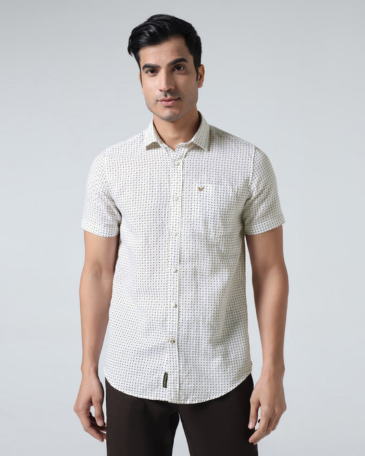 Brown Half Sleeve Linen Printed Shirt - Rogel
