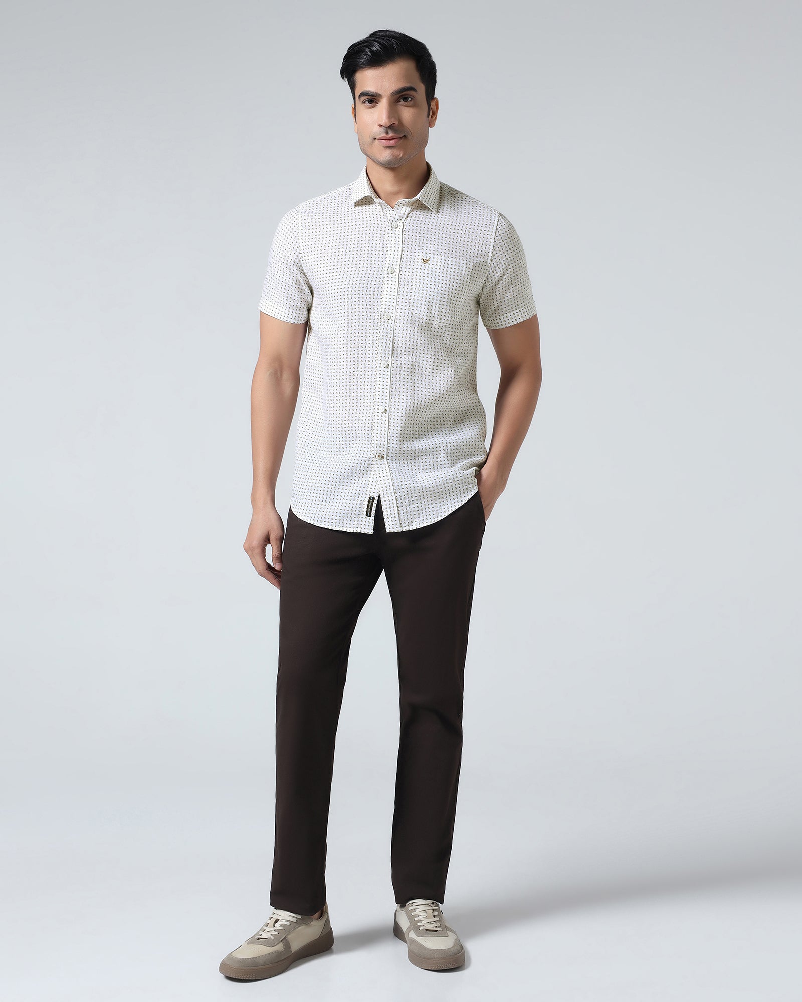 Brown Half Sleeve Linen Printed Shirt - Rogel