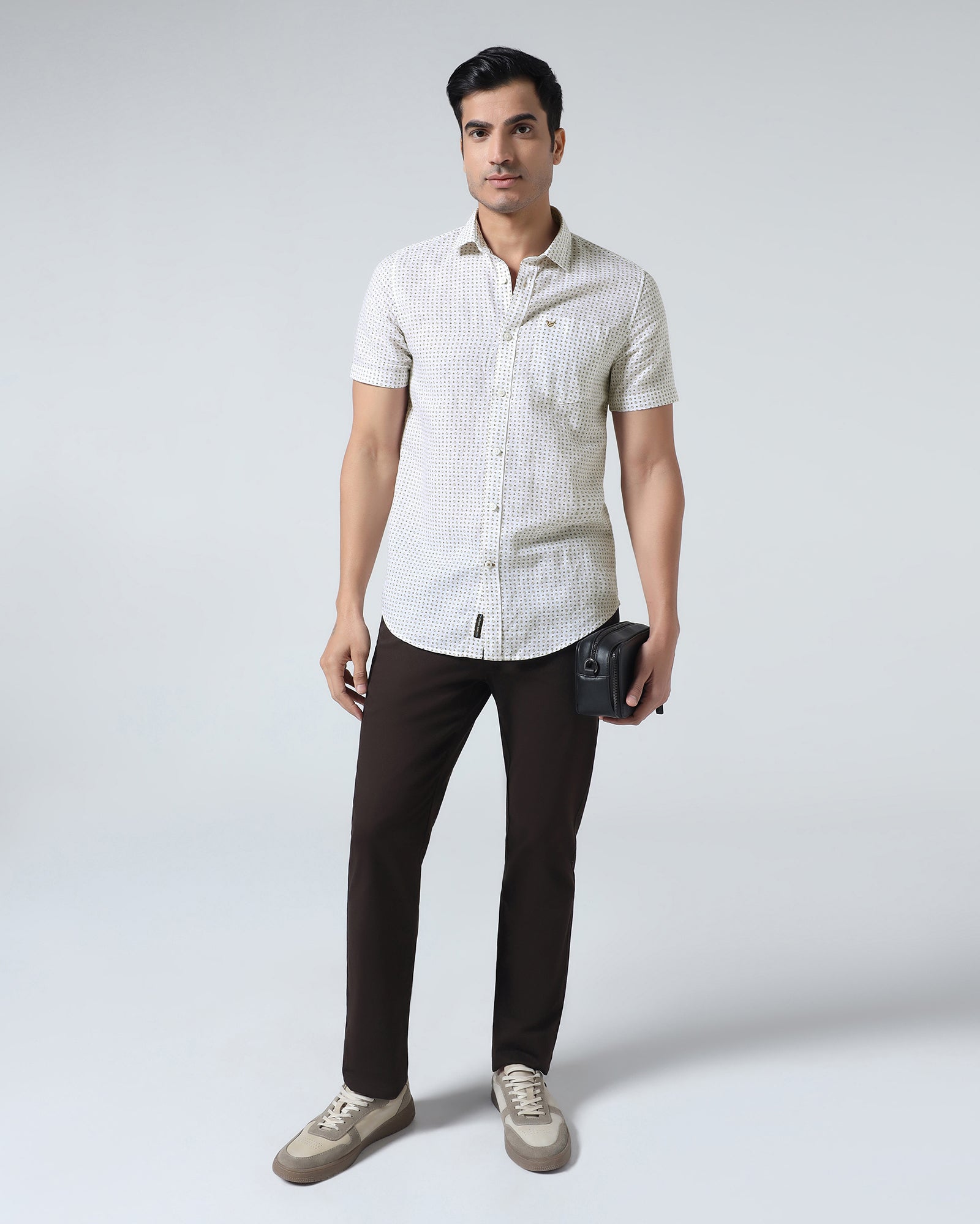 Brown Half Sleeve Linen Printed Shirt - Rogel