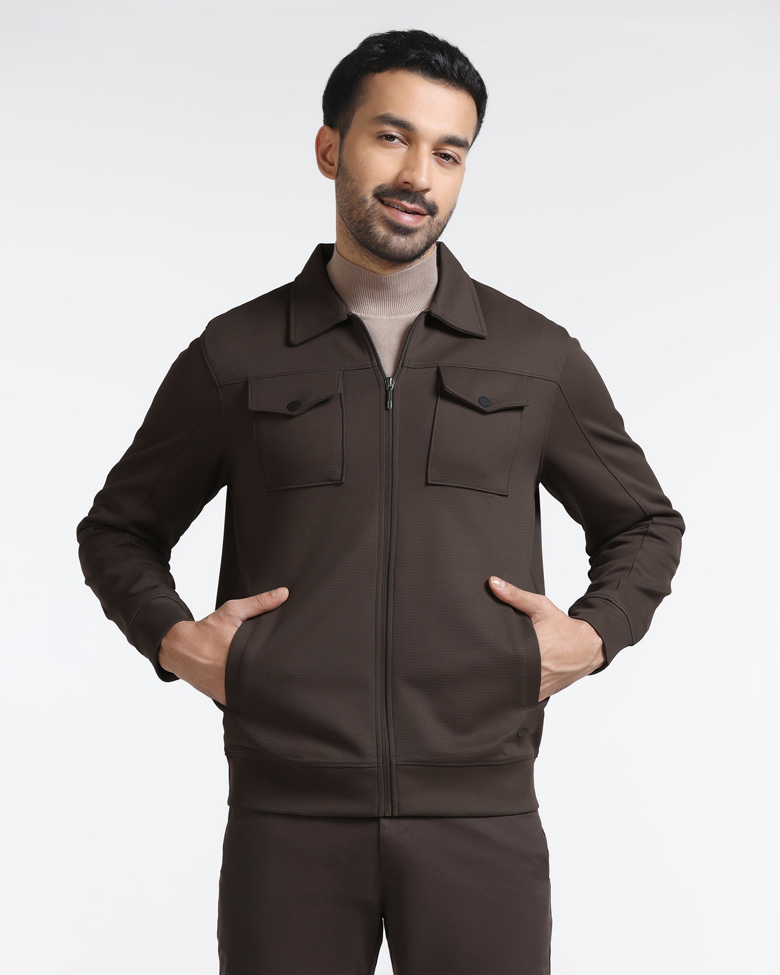 Brown Polo Neck Solid Sweatshirt - Octa