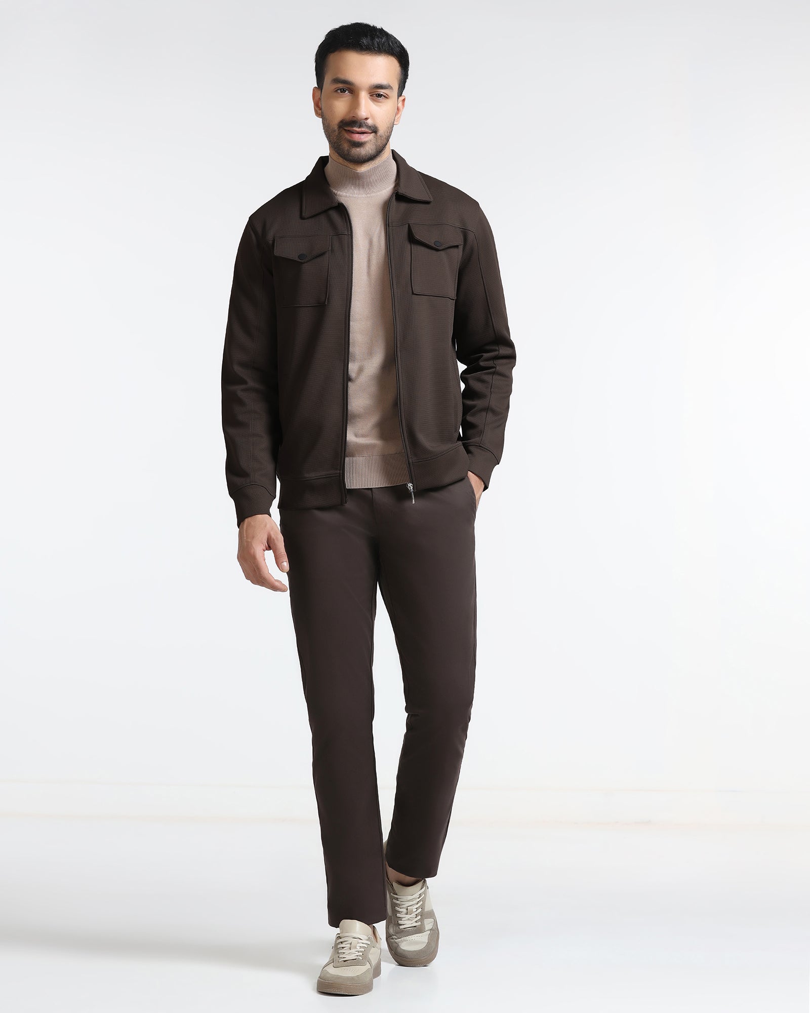 Brown Polo Neck Solid Sweatshirt - Octa