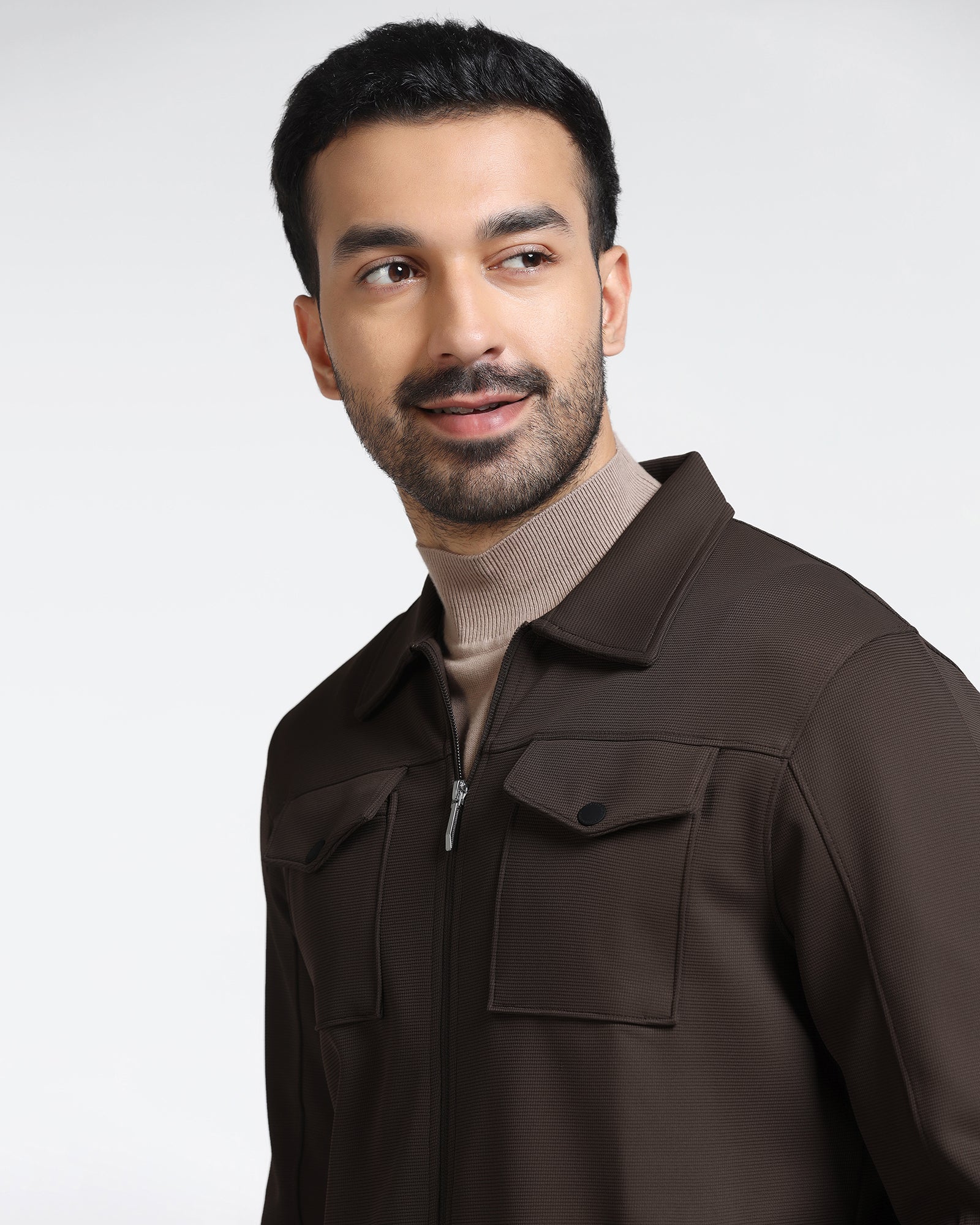 Brown Polo Neck Solid Sweatshirt - Octa