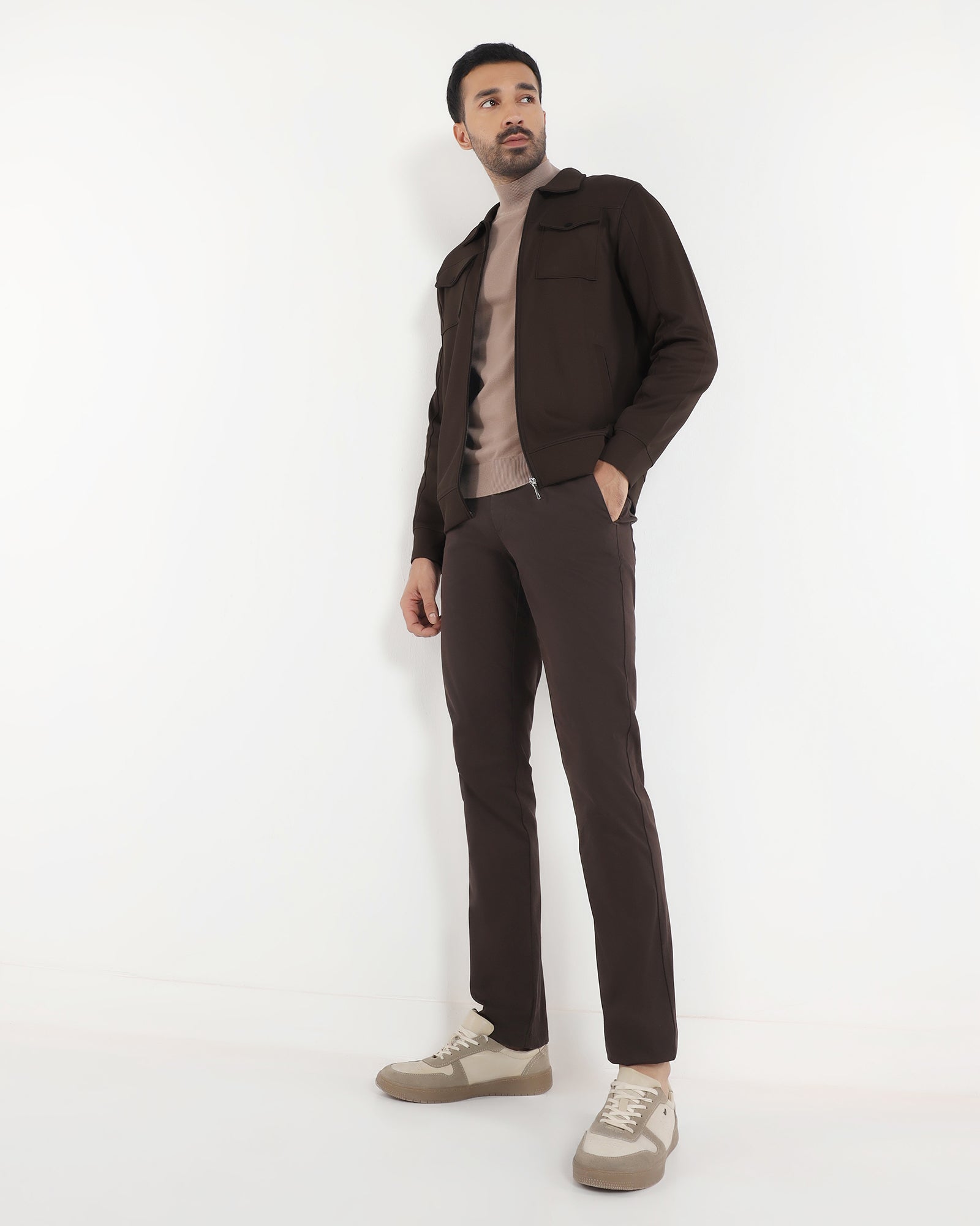 Brown Polo Neck Solid Sweatshirt - Octa