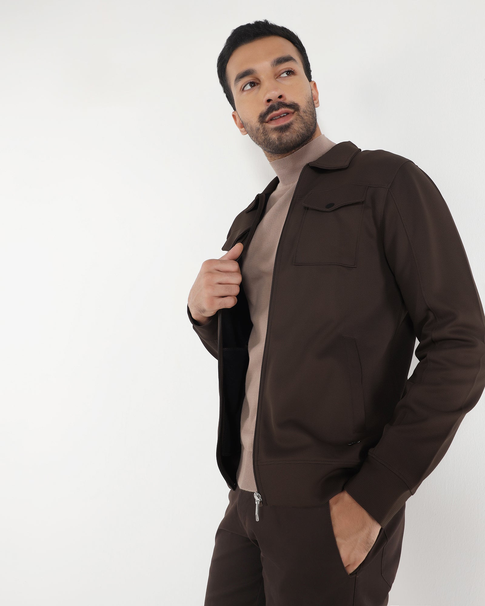 Brown Polo Neck Solid Sweatshirt - Octa