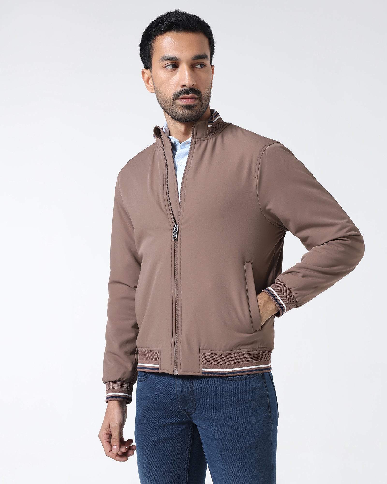 Brown Solid Zipper Jacket - Dornell