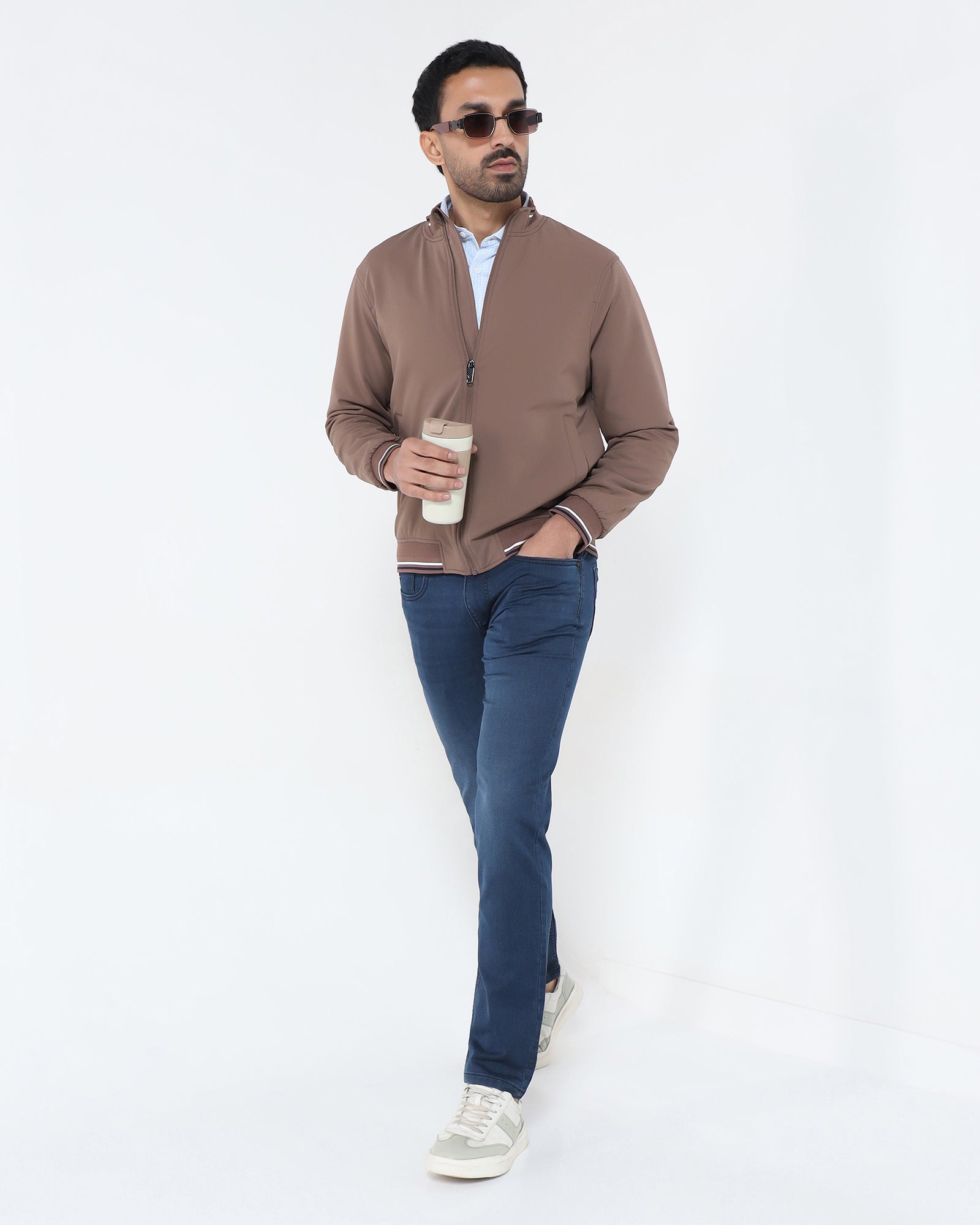 Brown Solid Zipper Jacket - Dornell