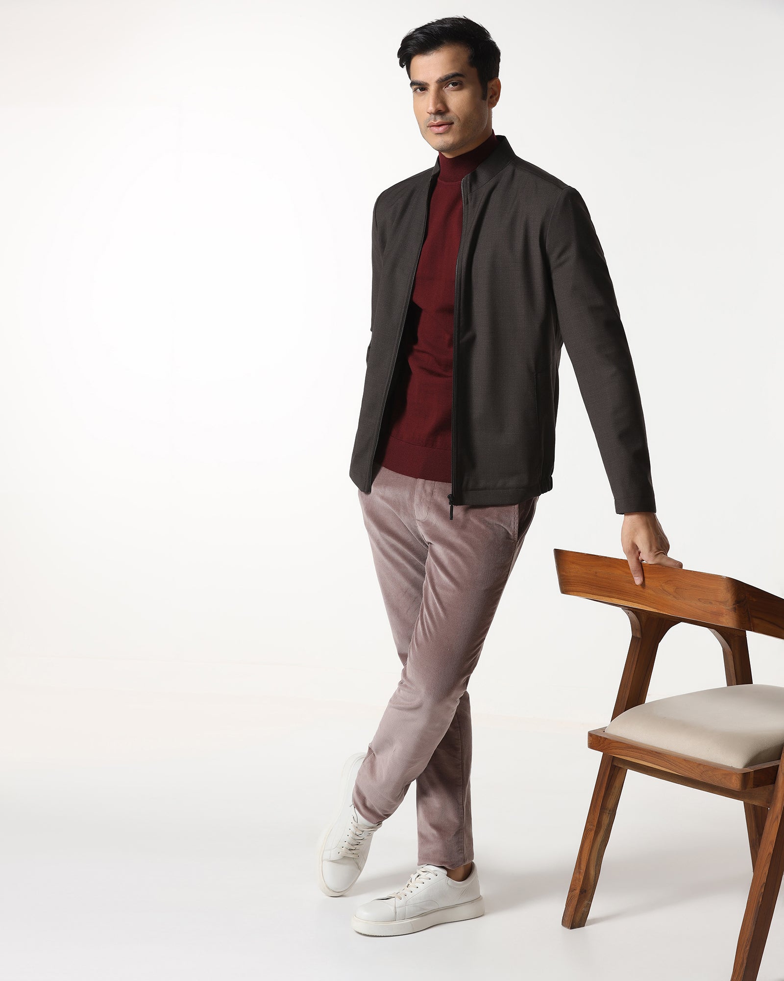 Brown Solid Zipper Jacket - Zeno